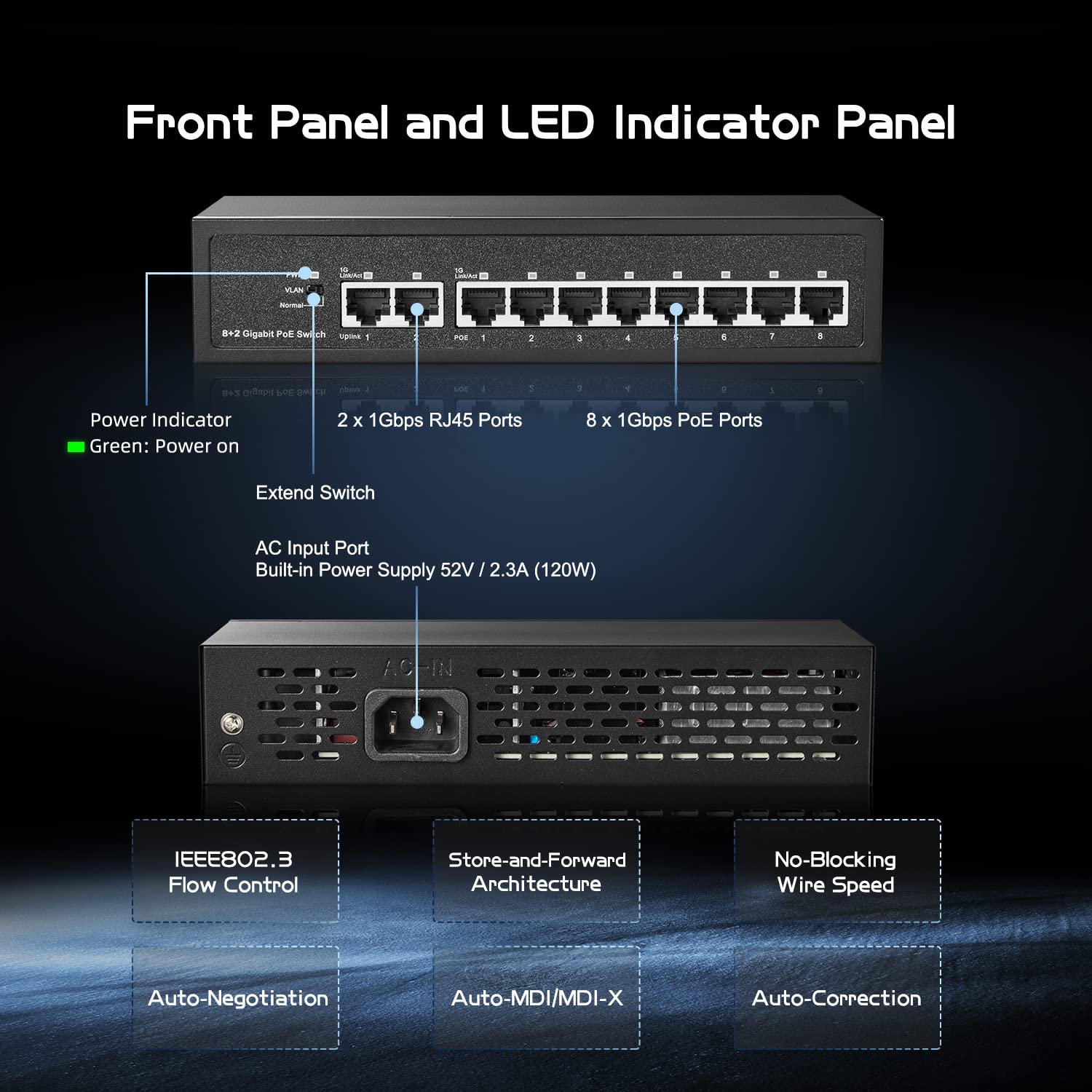 Binardat 10 porte Gigabit POE Switch, 8 porte POE+ 1000Mbps, 2 Gigabit Uplink, IEEE802.3af/at, alimentazione interna 120W, custodia metallica Plug and Play non gestita