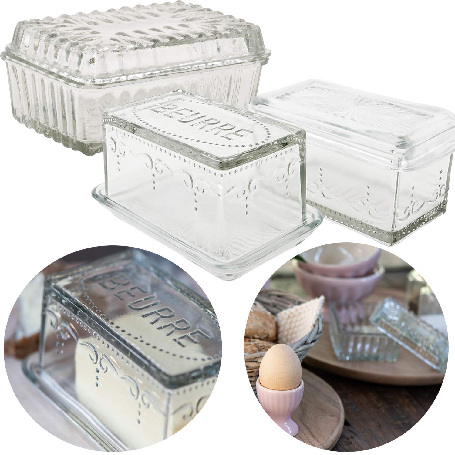 LS-LebenStil Vintage Glas Butterdose mit Deckel für Frühstück und Butteraufbewahrung Kühlschrankspülmaschinenfest 16x10x