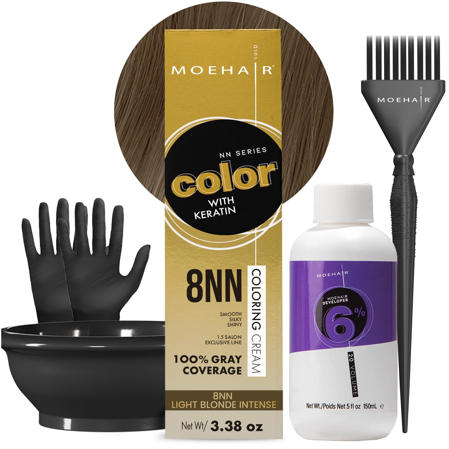 MoeHairHair Coloring Kit | 8NN Permanent Hair Color (Light Blonde Intense), 20 Volume Developer 6%, Coloring Brush, Gloves & Mixing Bowl | Keratin Infused Color | Gray Coverage | Adds Shines