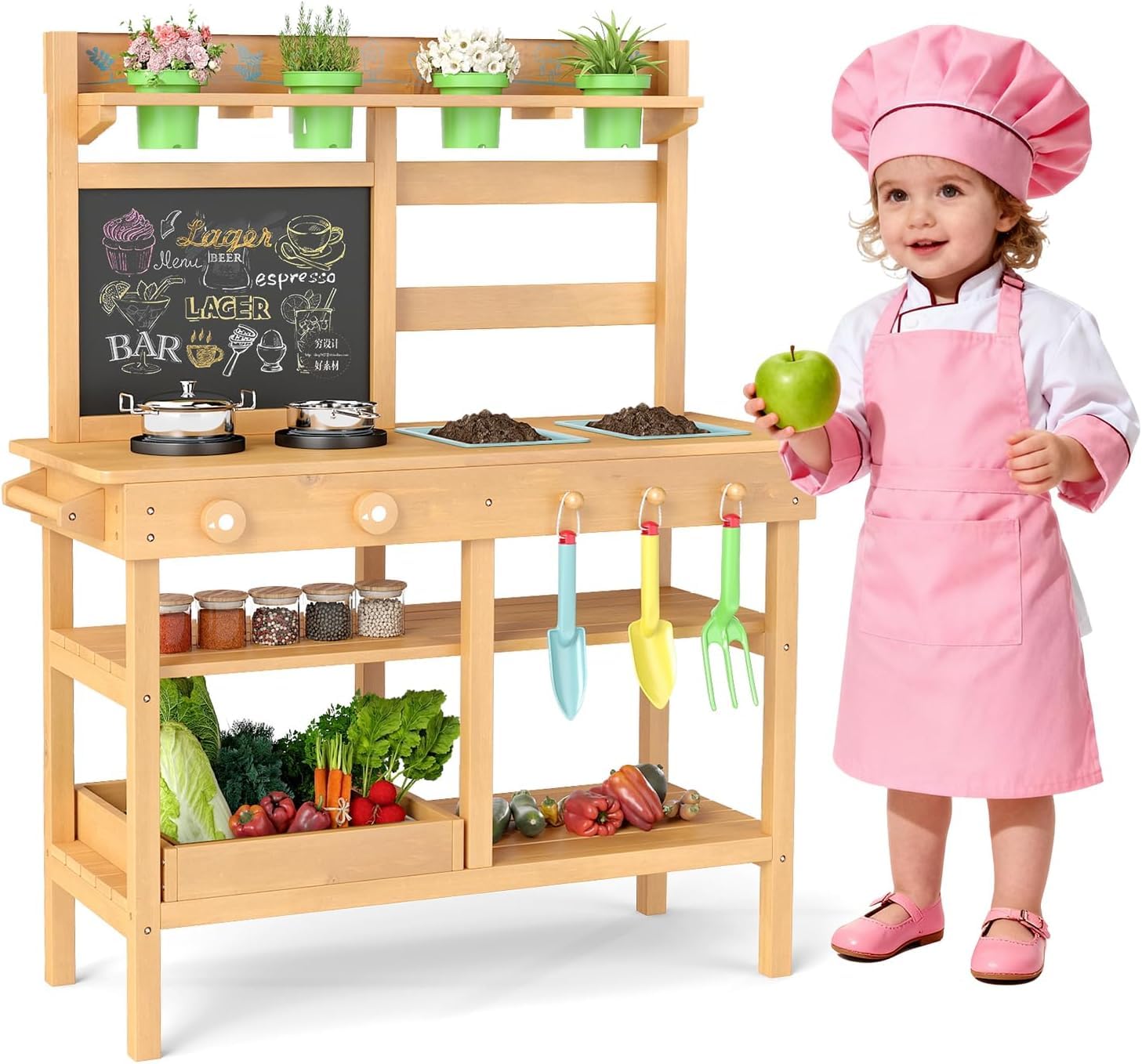 DREAMADE Matschküche Kinder Outdoor, Kinderküche mit abnehmbaren Spülen, Tafel, Herd, Blumentöpfen & Gartenwerkzeugen, Spielküche Holz, Outdoor Küche für Jungen & Mädchen ab 3 Jahren