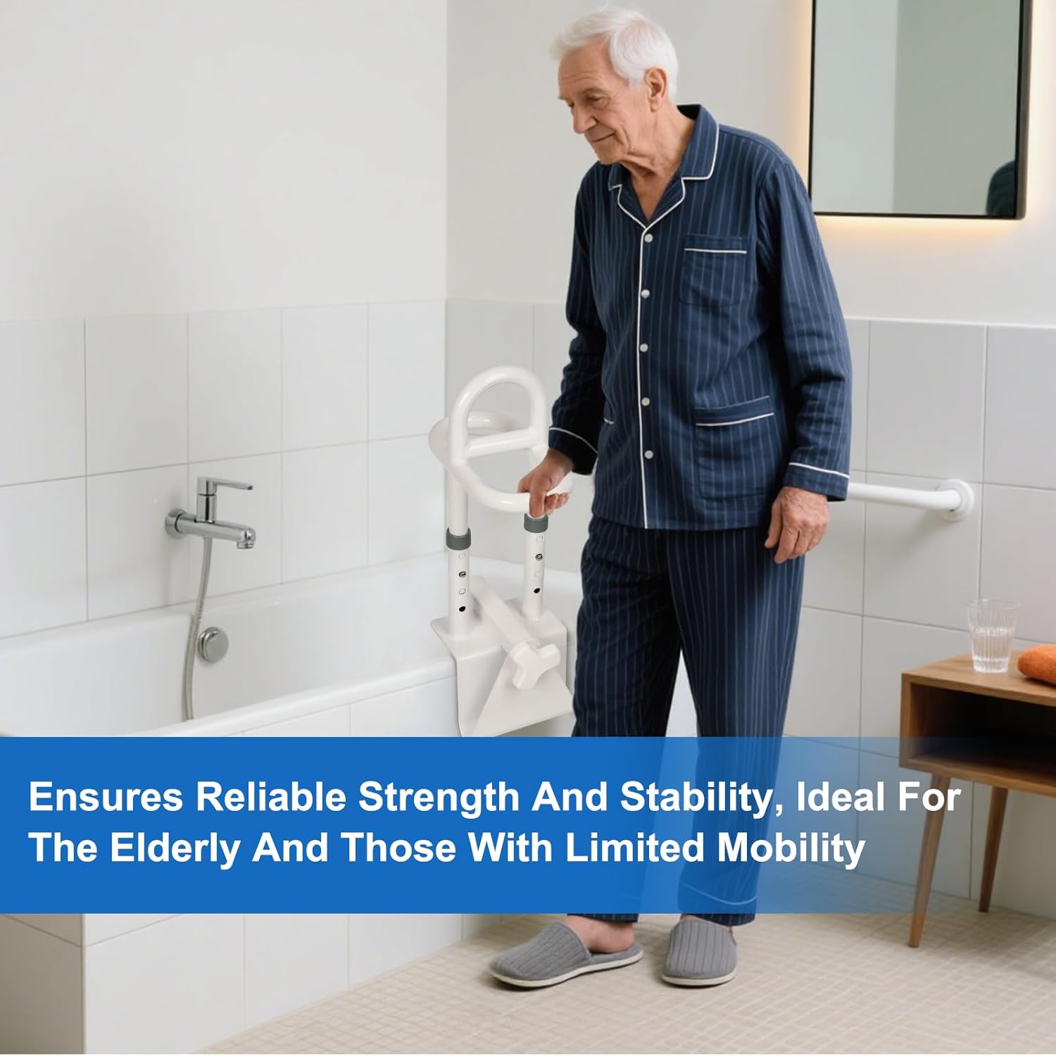 Adjustable Bathtub Safety Rail, Shower Grab Bars Handle with Non-Slip Handle for Seniors, Elderly, and Disabled, Fits 3"–6.7" Tub Walls, Supports 300 lbs, Bathroom Safety Bars