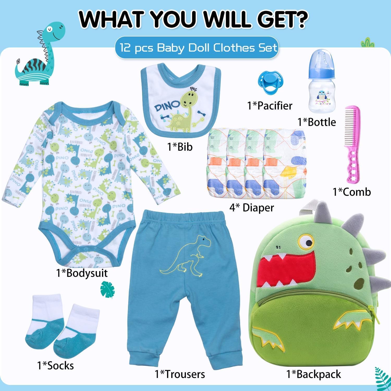 12 Pcs Reborn Baby Doll Clothes Boy Blue Dinosaur Outfit Accessories for 17-22 Inch Reborn Dolls Newborn Baby Boy Clothes Set with Backpack Diaper