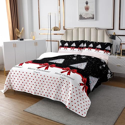 Miniatura 3 de Erosebridal Juego de ropa de cama de Navidad tamaño King, juego de edredón blanco y negro, bonito juego de colcha con lazo, árbol de Navidad, copo