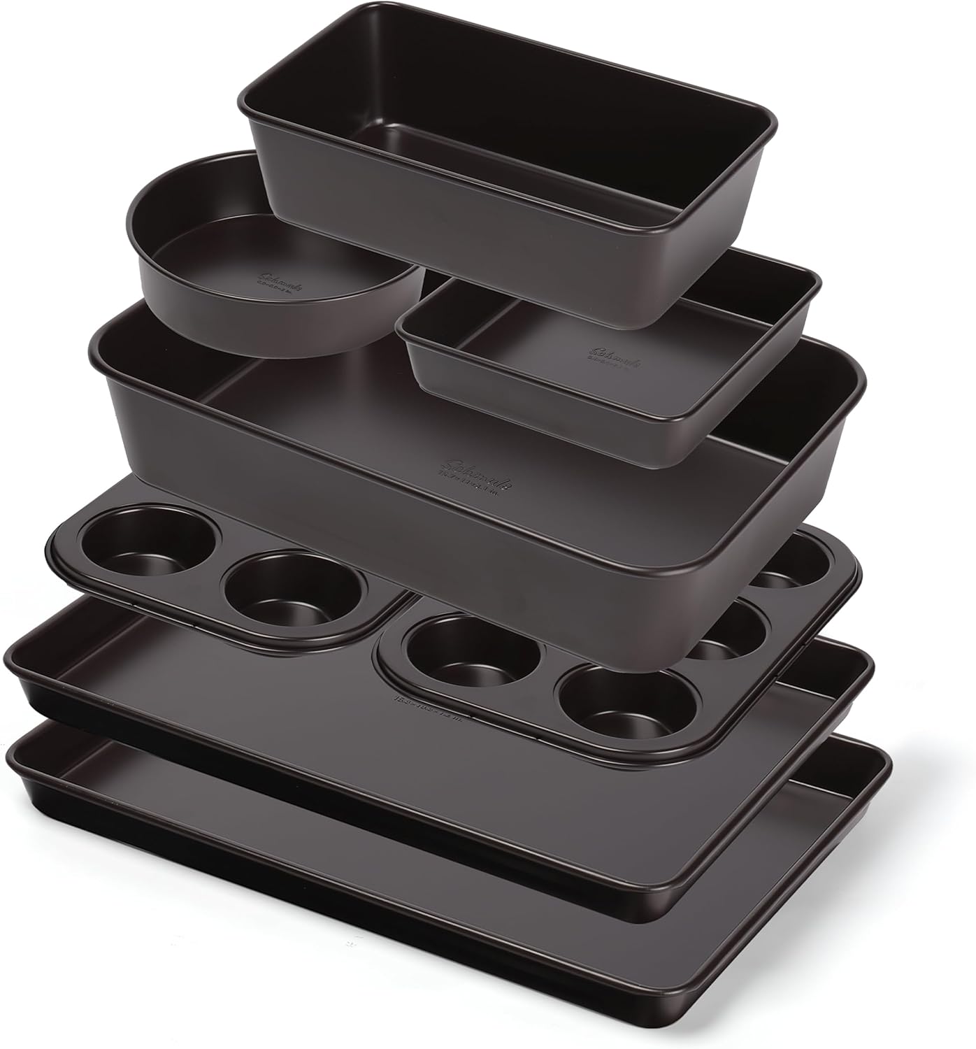 8 Piece Nonstick Stackable Bakeware Set -8 Piece Nonstick Bakeware Set - Easy Storage, 450°F Oven Safe, Durable Design, Muffin, Loaf, Baking Sheets, Round & Square Pan, Roaster; BPA-Free (Dark Brown)