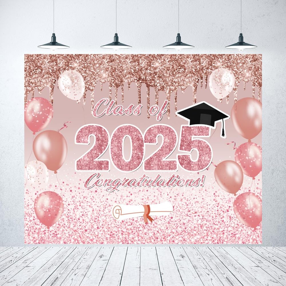 2025 Graduation Backdrop for Photography 10x8ft Class of 2025 Pink Rose Gold Congratulations Congrats Grad Backdrop Graduation Prom Party Decoration