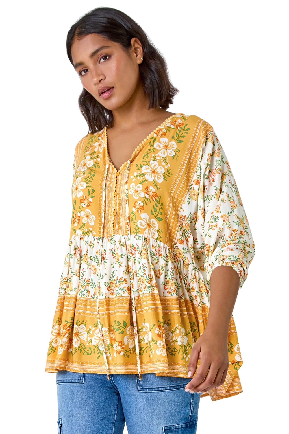 Roman Originals Women's Yellow Floral Border Print Overshirt For Uk - Everyday Holiday Spring Summer V Neckline Comfy Soft Evening Vacation Work Party - Size 12