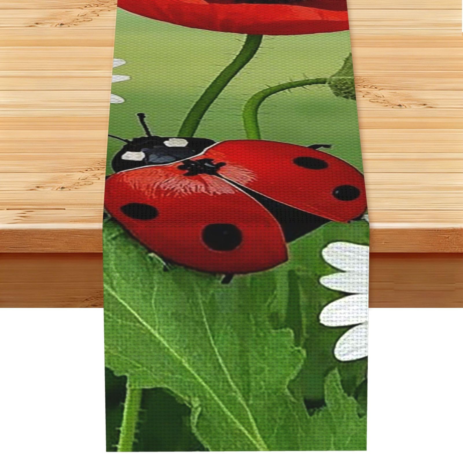 Chamomile Ladybug and Daisy Table Runner 13 x 72 Inches Long, Cotton Linen Table Runners for Kitchen Dining Table Decoration - Washable Tablecloth Modern Tablerunner for Home Party Decor