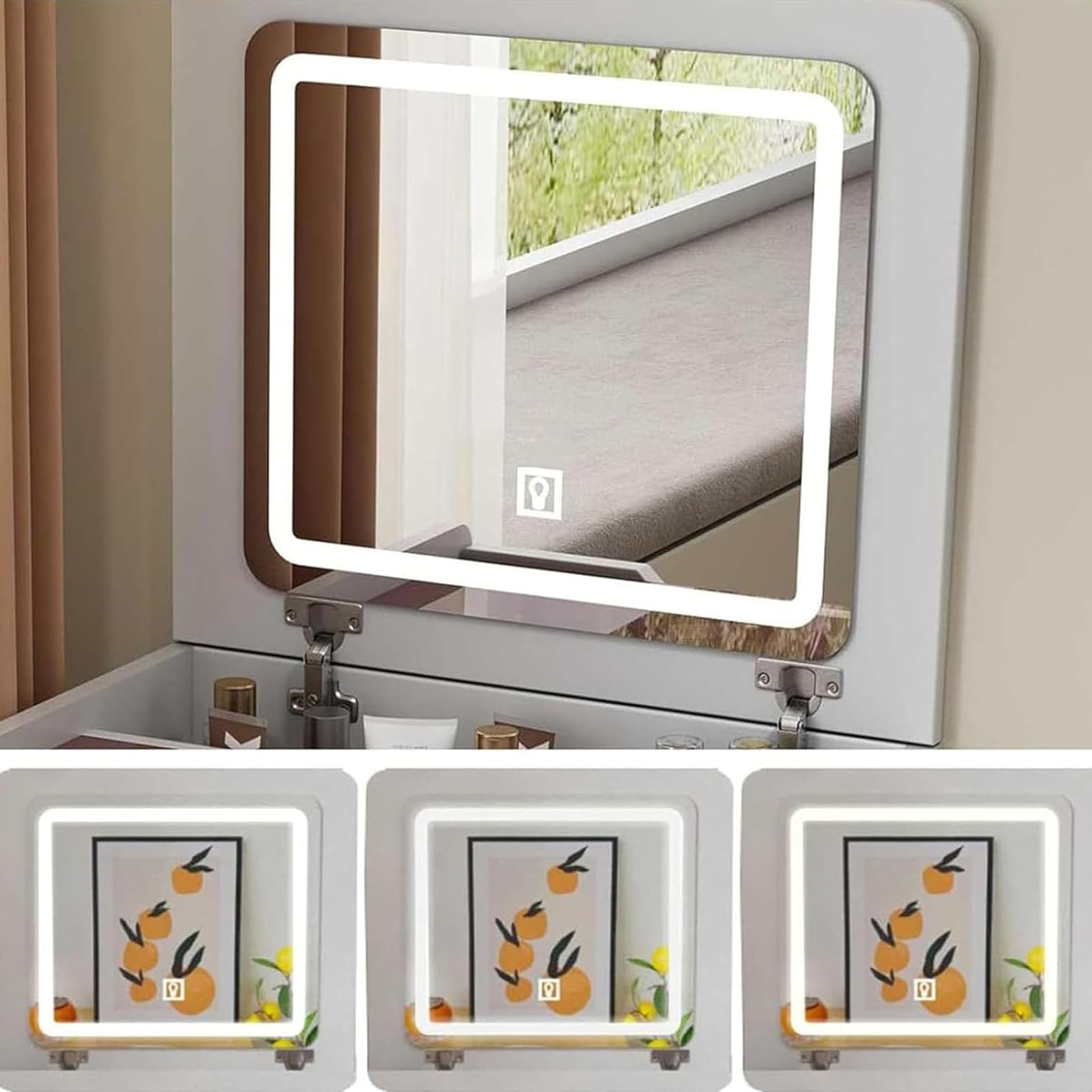 Coiffeuse blanche avec miroir et lumières, ensemble avec 3 tiroirs et tabouret, moderne, métal, 48 x 40 x 80 cm