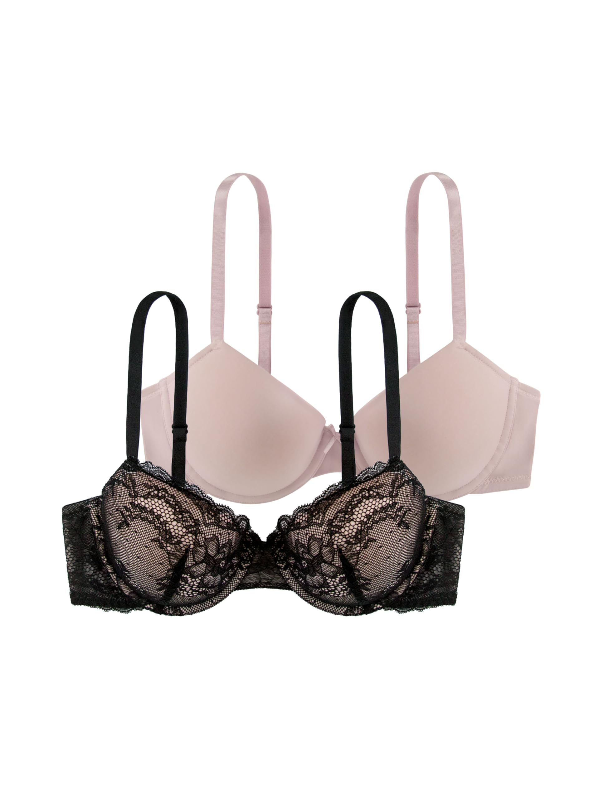 Dorina Comfort Spitze Lace T-Shirt BH für Frauen, 3/4-Schale Damen leicht gepolsterter Bügel-BH, 2er-Pack, CHLOE-2PP Schwarz Rosa Rot Elfenbein