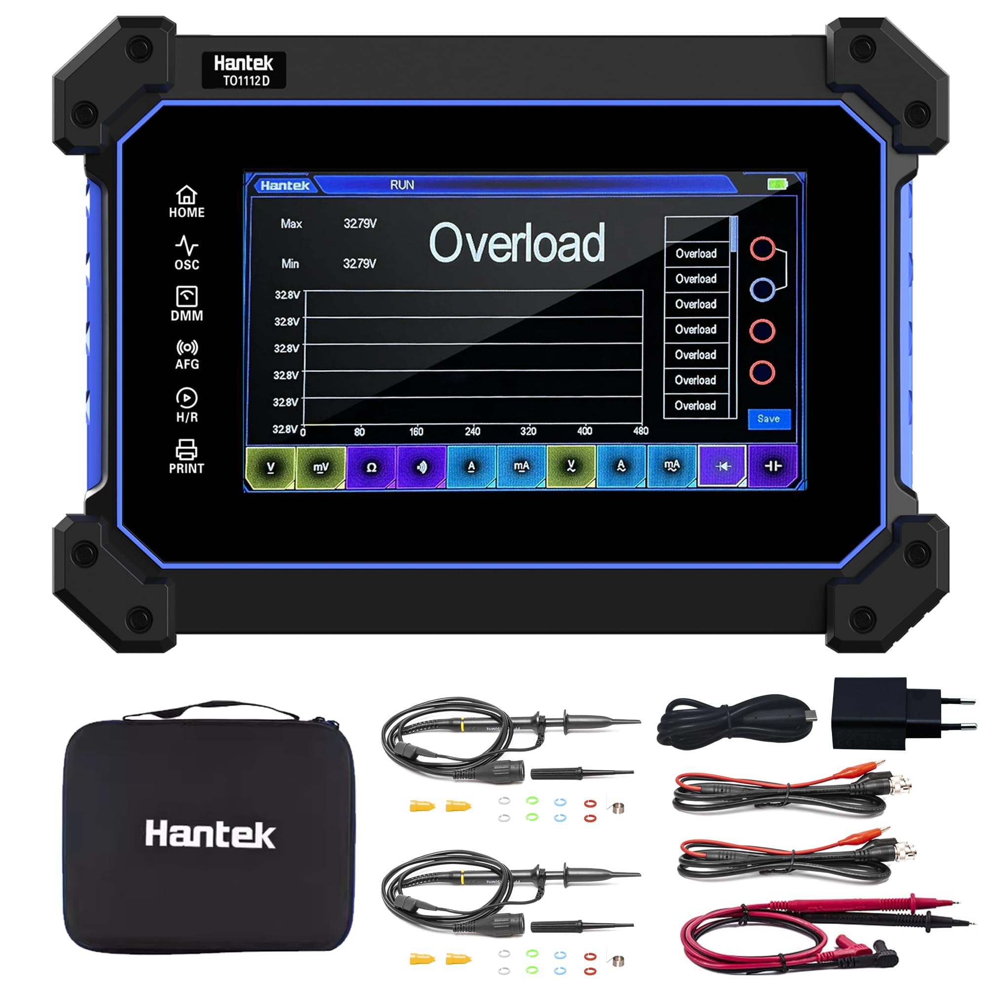 Hantek TO1112D 2CH Osciloscopi multifunzionale, con generatore di segnale multimetro, 3 in 1, 110 MHz, 250 MSa/s per laboratorio, ricerca scientifica