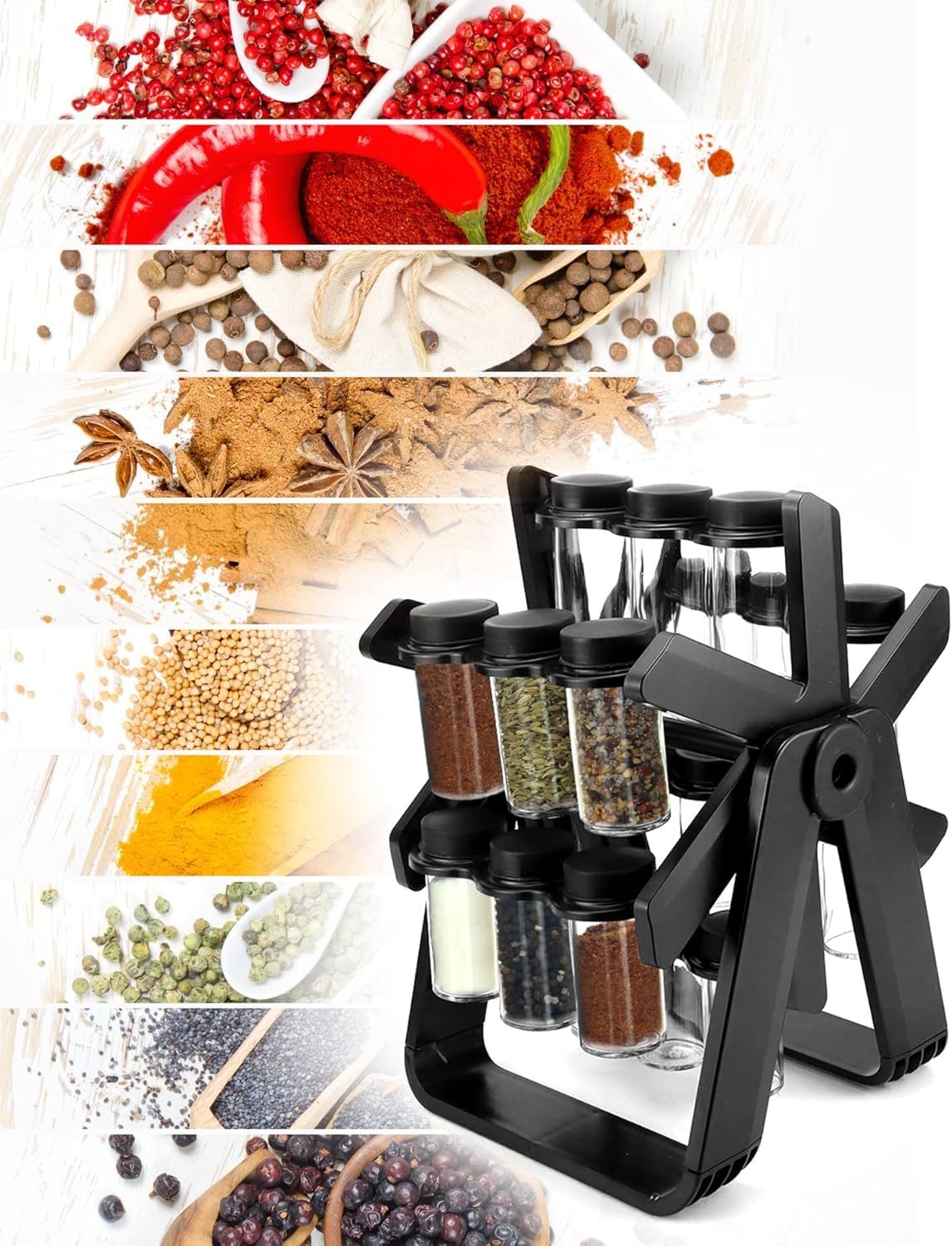 Étagère à épices rotative noire avec 18 boîtes à épices pour comptoirs de cuisine, armoires, pots d'assaisonnement, étagères