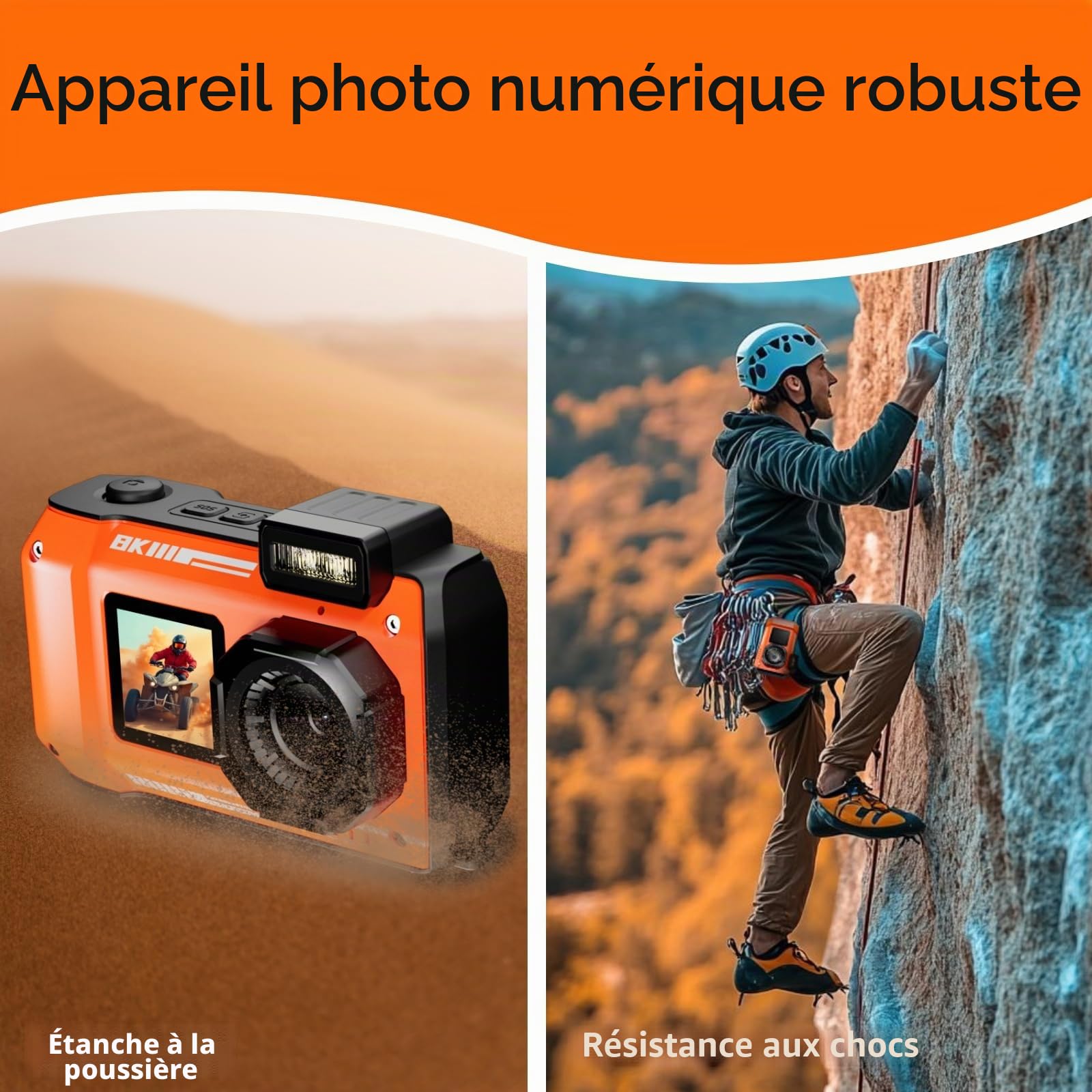 MaxMango D50 8K 70MP Appareil Photo Etanche，33FT Camera Etanche avec 64 Go de Stockage, Double écran 18x, Résistante à la Poussière et Aux Chocs, Autofocus