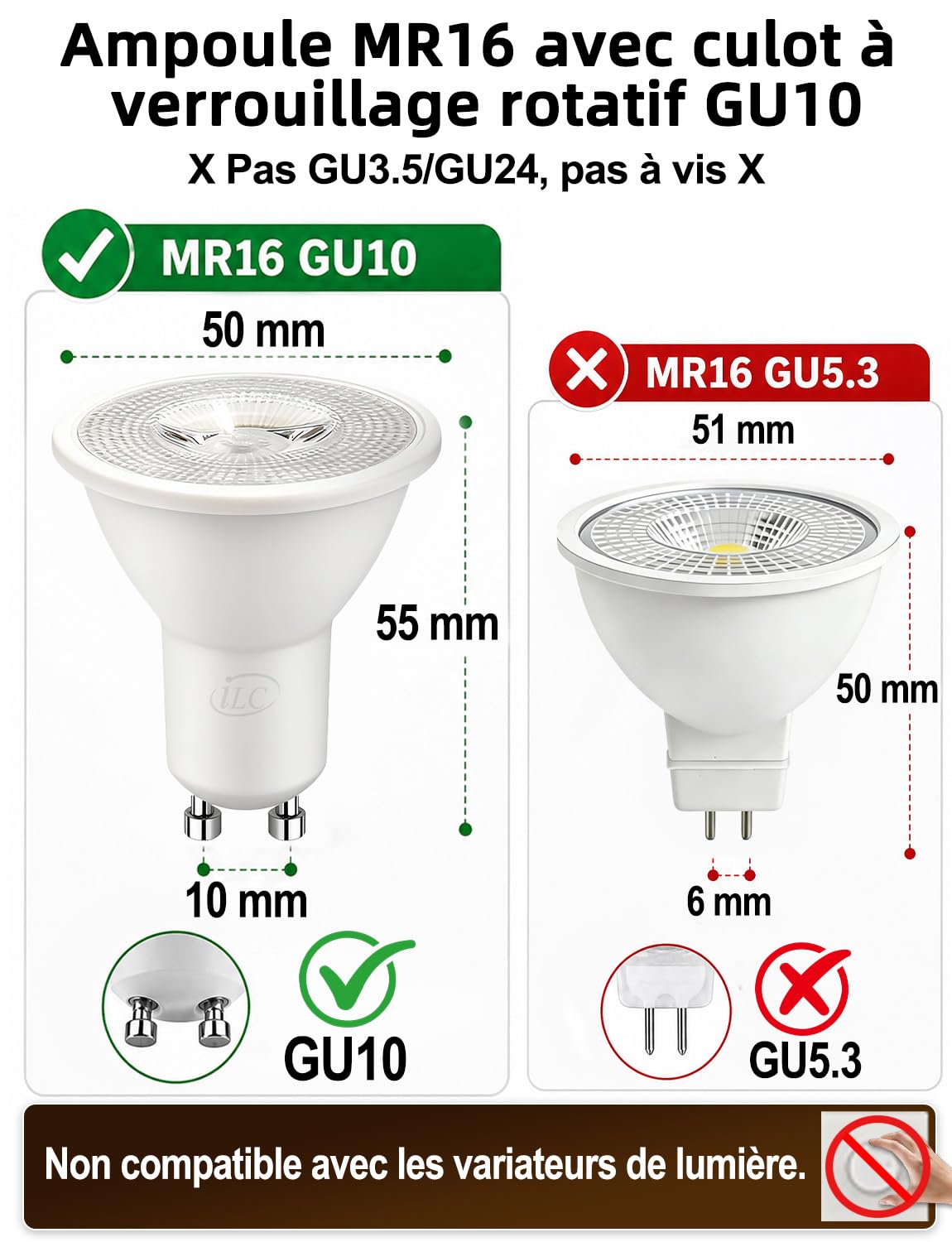 iLC Ampoule Led MR16 GU10 RGB Spot Culot led Changement de Couleur, Ampoules Led RGBW Dimmable Blanc chaud (2700K) Spots LED - Télécommande infrarouge incluse (paquet de 4)