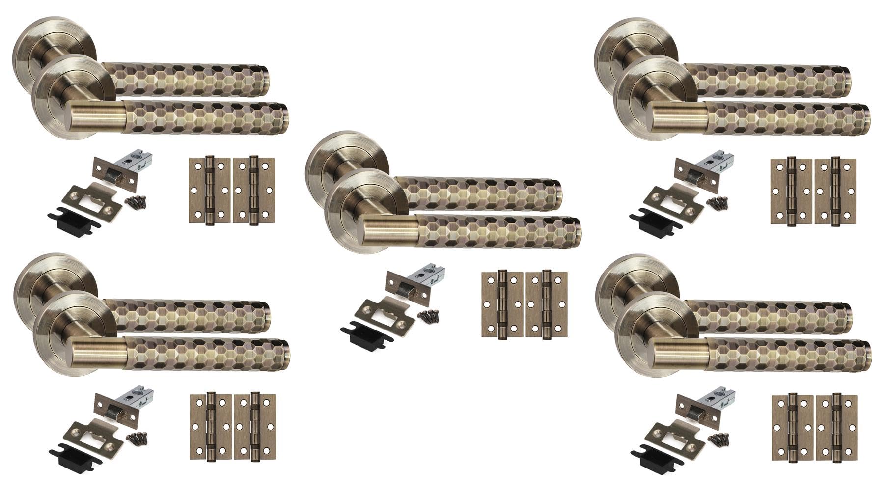 Golden Grace 5 Set Knurled Hex Cut T-Bar Door Handles with Latch and Ball Bearing Hinges Antique Brass Finish