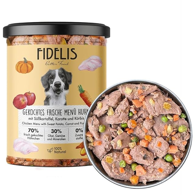 Fidelis Comida Cocinada Tarro Cristal para Perros y Cachorros, 70% Pollo Cocido, Batatas, Verduras y Frutas…