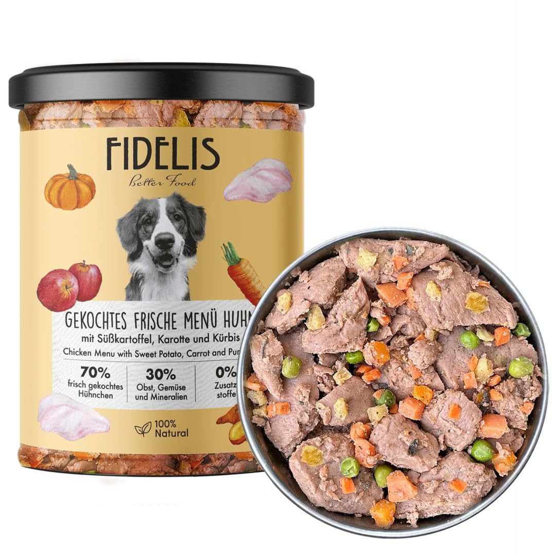 Fidelis Comida Cocinada Tarro Cristal para Perros y Cachorros, 70% Pollo Cocido, Batatas, Verduras y Frutas, con Minerales y Aceite de Linaza, 6 Unidades x 400 gr - ANIMALUJOS