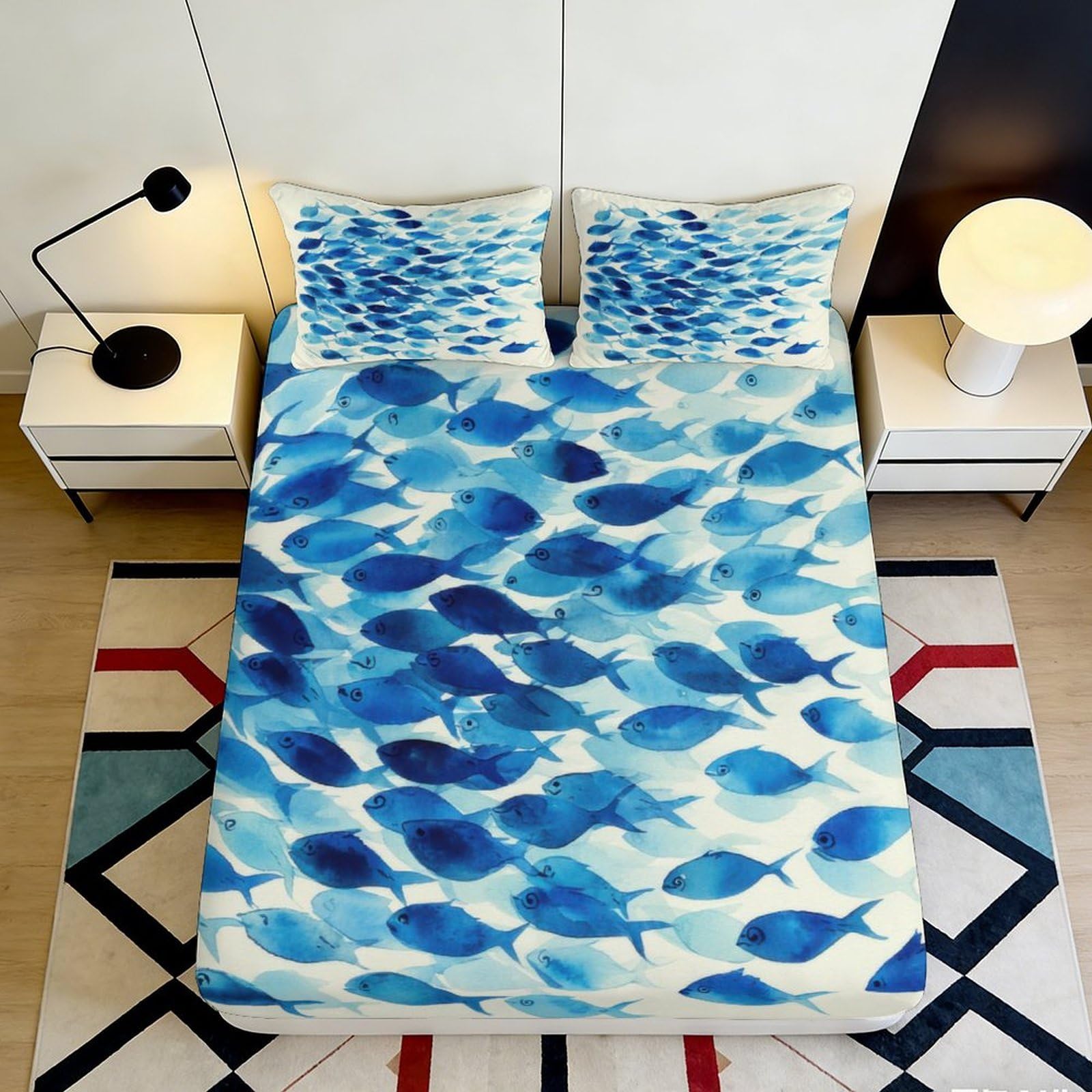 Jqzkxnhpbr Style-1 3D Printed Blue Ocean Fish Fitted Sheet Microfiber Soft Mattress Cover For Bedroom Guest Room Decor Protection 90X200x25cm