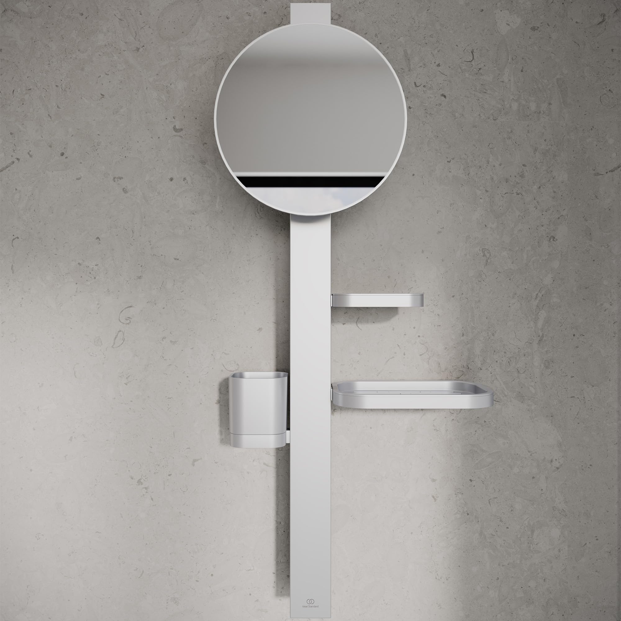 Ideal Standard Alu+ Beauty Bar, Accessoires-Kombination S, mit Ø 205 mm Kosmetikspiegel (3-Fach Vergrößerung) und verstellbaren Ablagen, aus 100% recyceltem Aluminium – Silber (310.5x160x717 mm)
