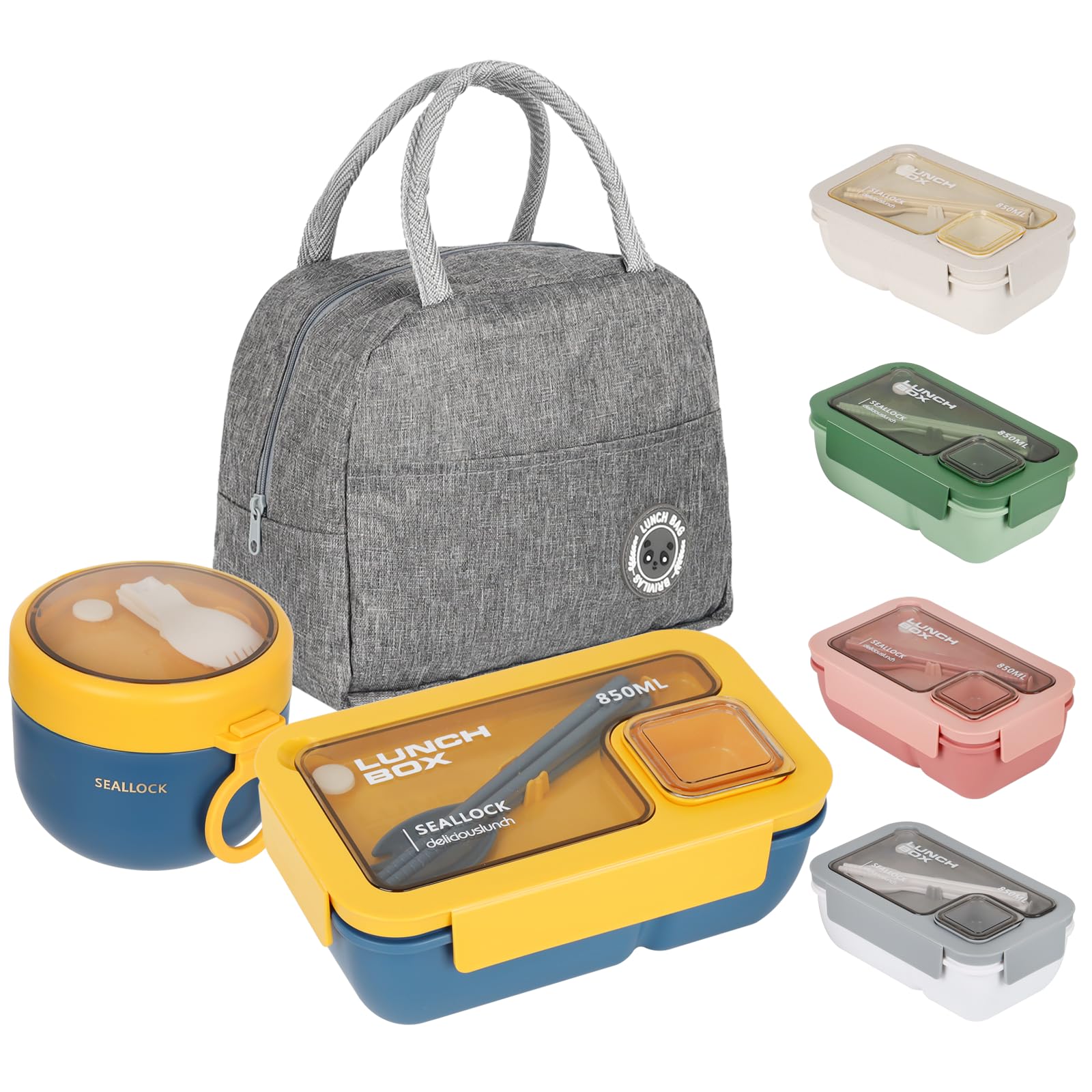 Esilihom Lunch Box Adults, Leakproof Bento Box Set with Lunch Bag, Utensils, Oats Container, for Men Women Student Office School, Food Storage with Fork & Spoon, Blue