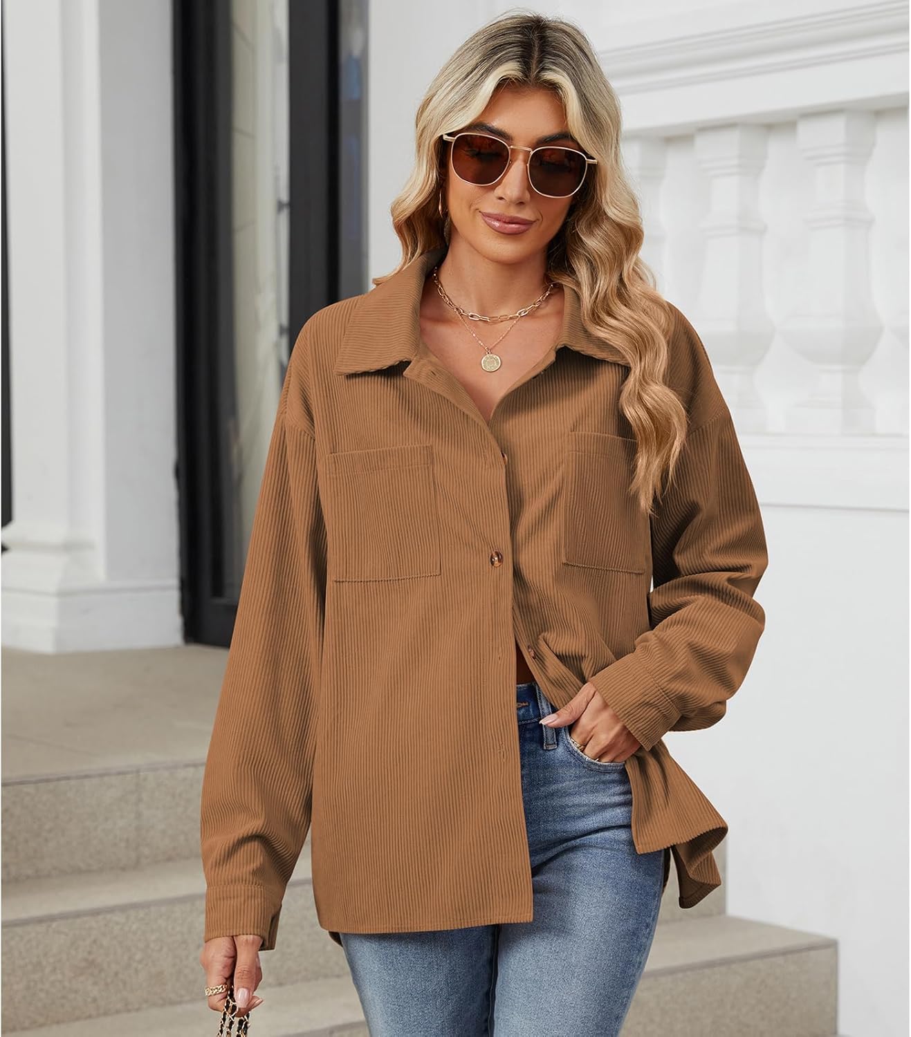 Blostirno Womens Corduroy Button Down Shirts Long Sleeve Oversized Blouses Shacket Jacket Fall Coat with Pockets - Image 3