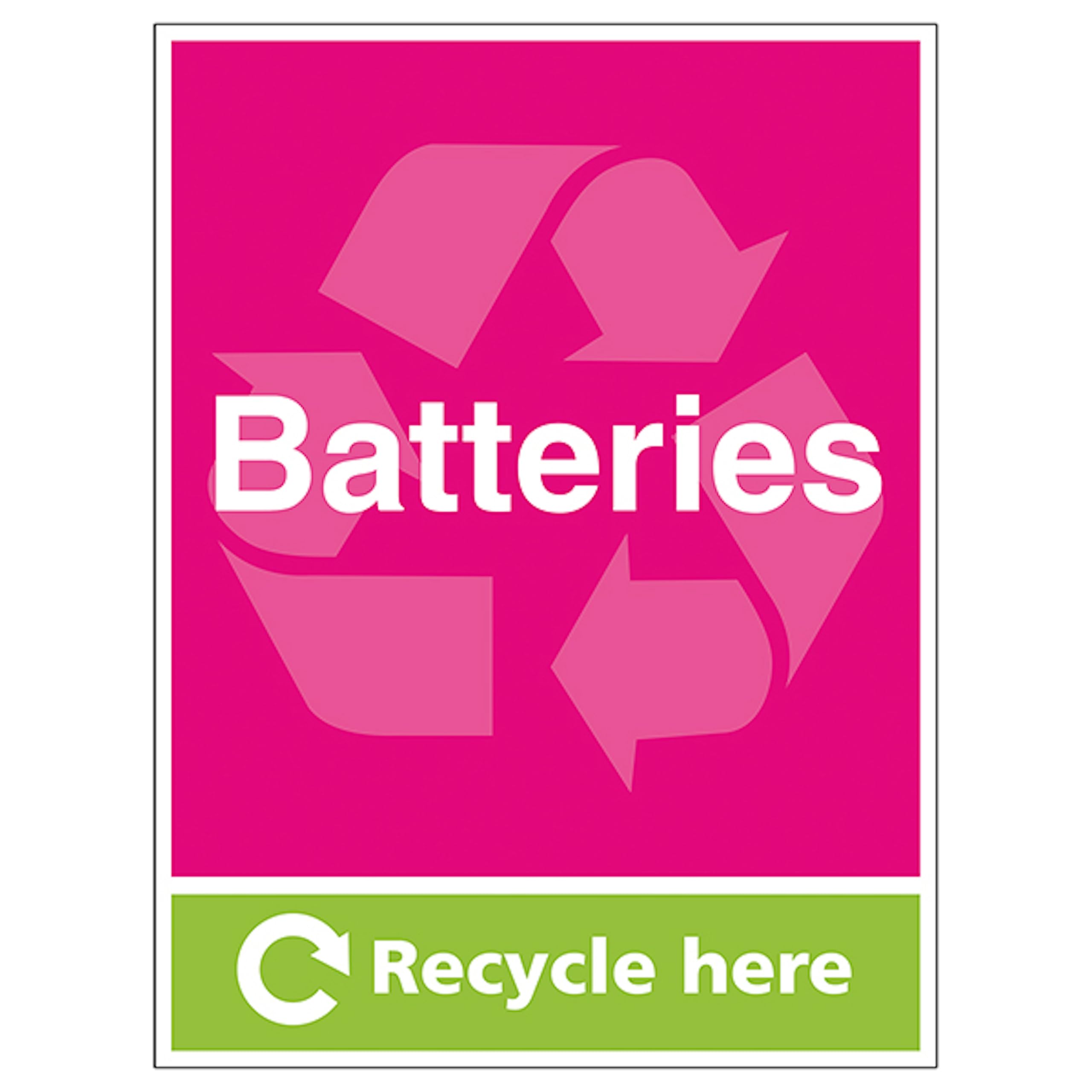 V Safety Batteries Recycle Here - Portrait 300 x 400mm - 1mm Rigid Plastic Safety Sign