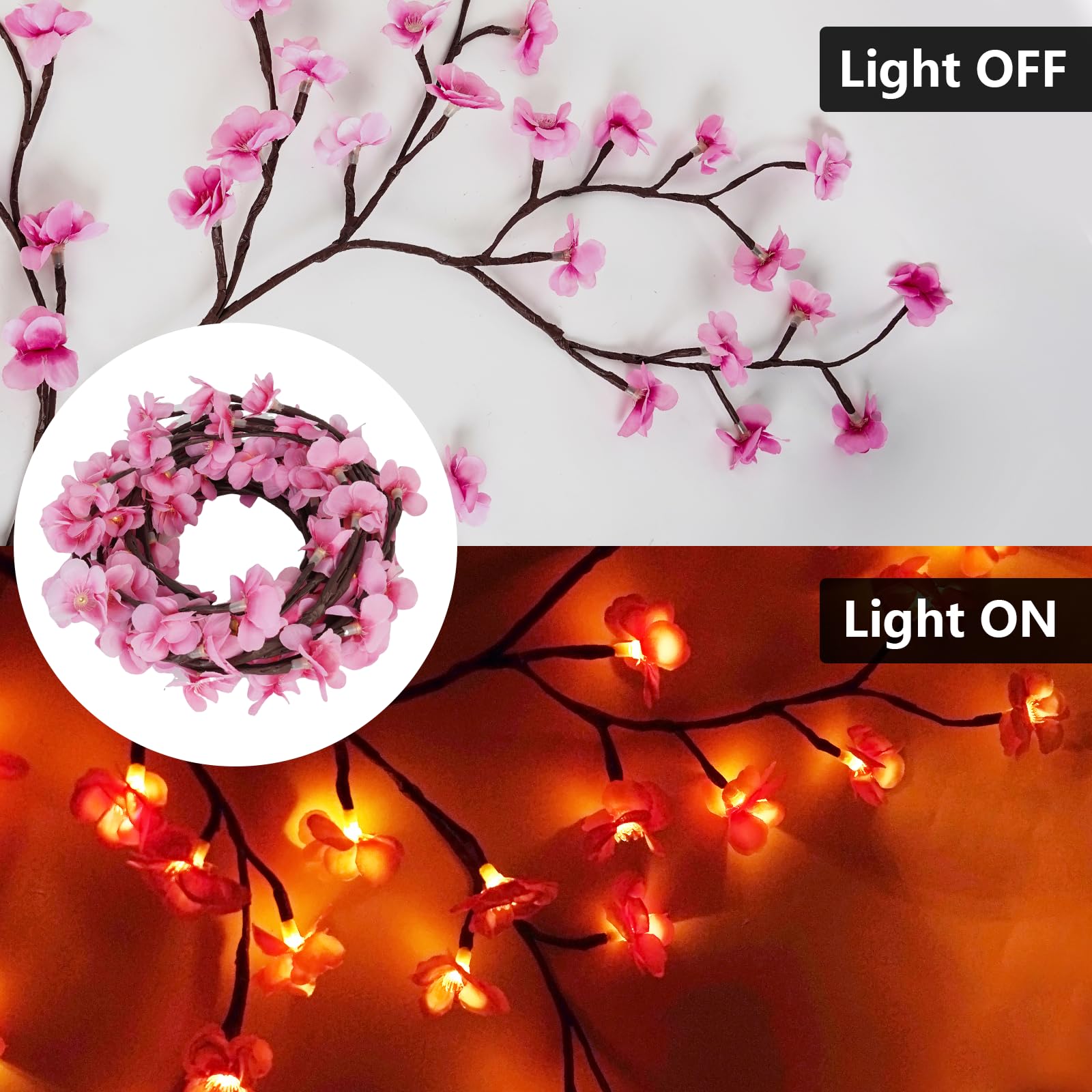 Branches de fleurs de cerisier LED - 180 cm - 96 LED - Décoration murale - Guirlande lumineuse en rotin blanc chaud avec 8 modes et télécommande - Décoration idéale pour chambre à coucher, salon et