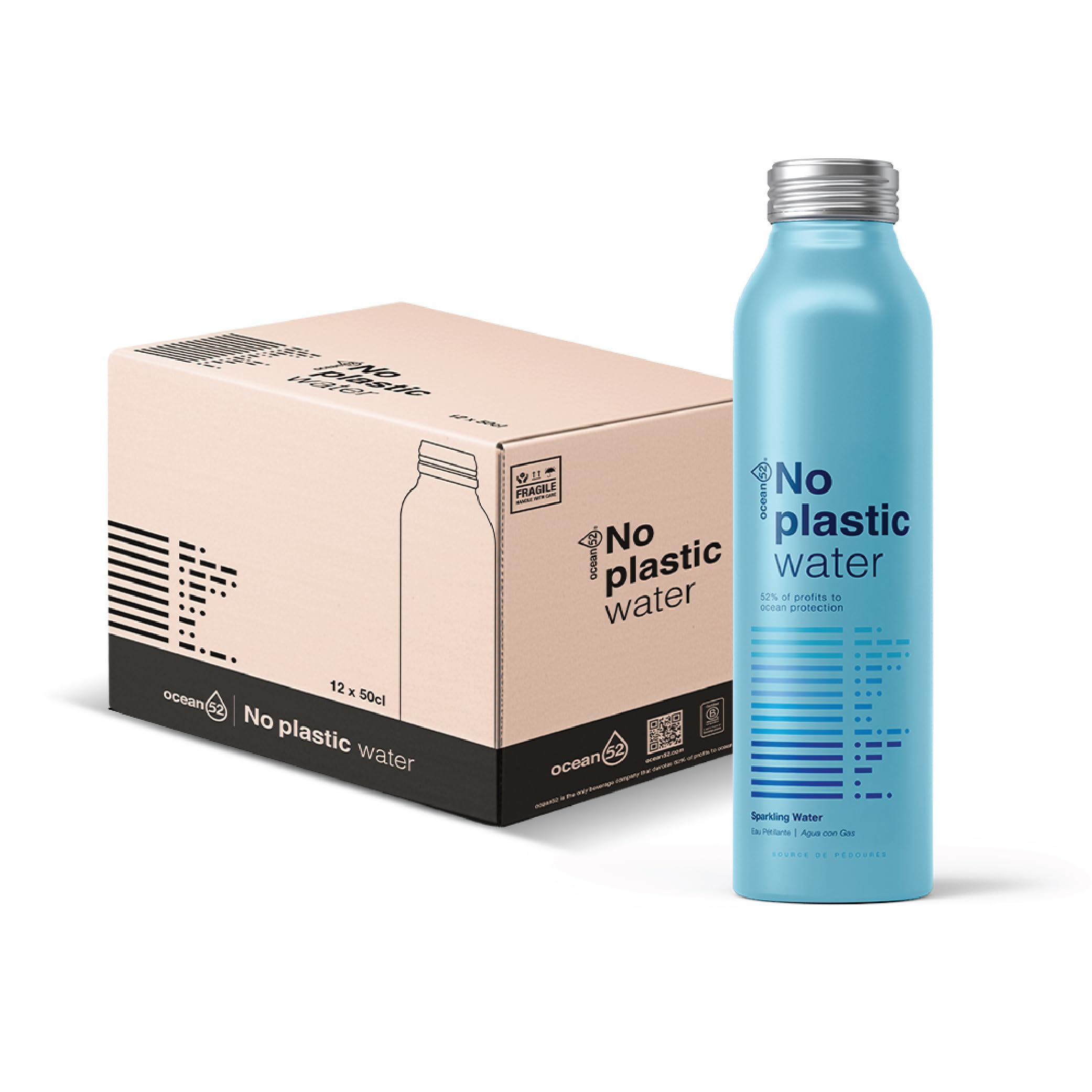 Agua con gas en Botella No Plastic Water de Ocean52. Agua Mineral con gas - Pack 12 unidades x 50cl. Agua con gas en pack de 12 botellas reutilizables de 50cl.