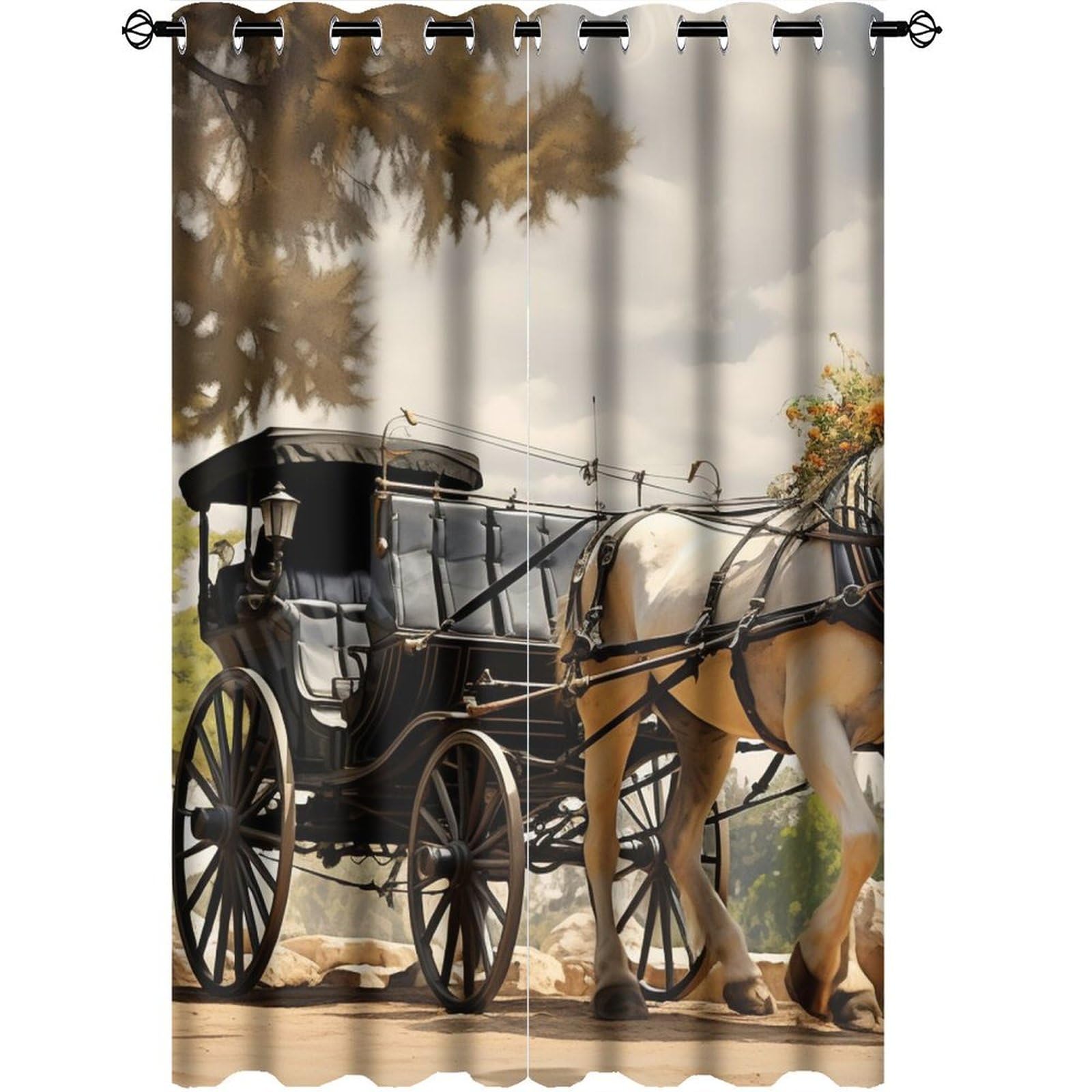 DEBAOKA Interesting Carriage Thermal Insulated Grommet Blackout Curtains Vintage Animals Watercolor Tree Drapes for Bedroom Window Living Room Darkning Curtains 42x54in