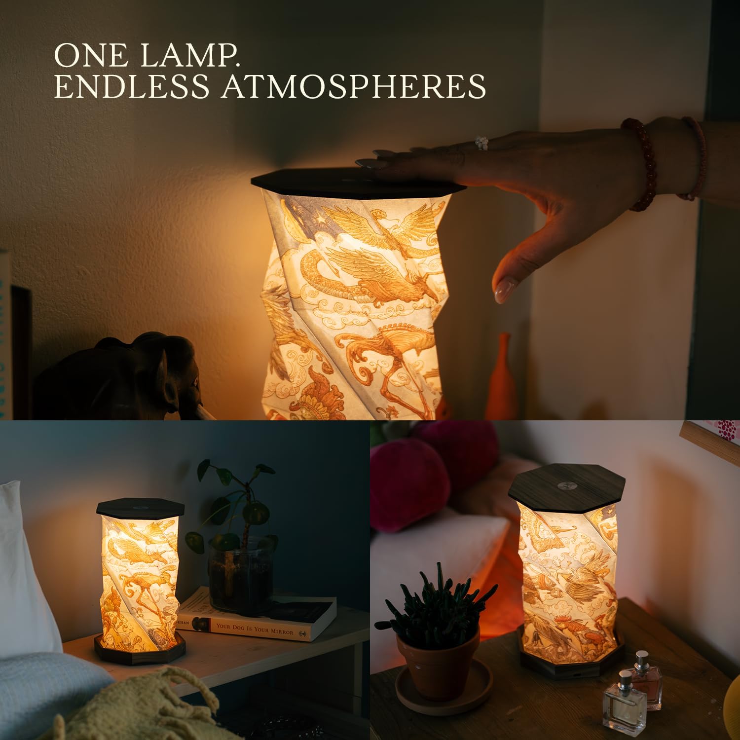 HUNGRY MINDS Portable Foldable Desk Lamp - Battery Operated Travel Lamp - Dimmable Touch Control & Adjustable Height - Hand-Drawn Illustrations - Warm Ambient Light