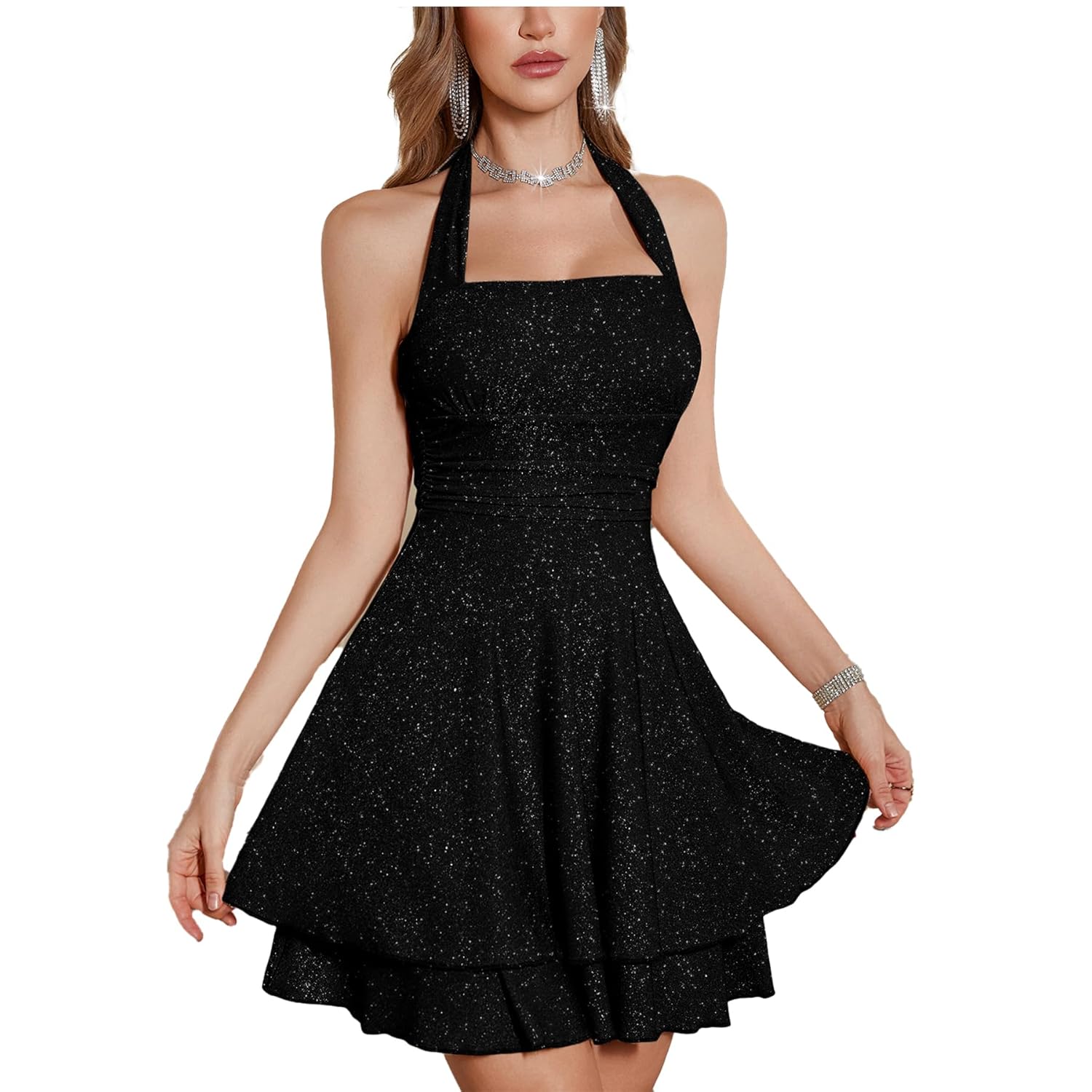 Sparkly Halter Dress for Women Sleeveless Cocktail Party Square Neck Sparkling Dresses Backless Womens Evening Clubwear