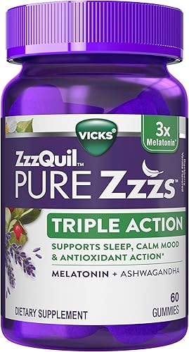 ZzzQuil PURE Zzzs Triple acción 6 mg de melatonina 3 veces ayuda para dormir con Ashwagandha estado de ánimo tranquilo y acción antioxidante ayuda