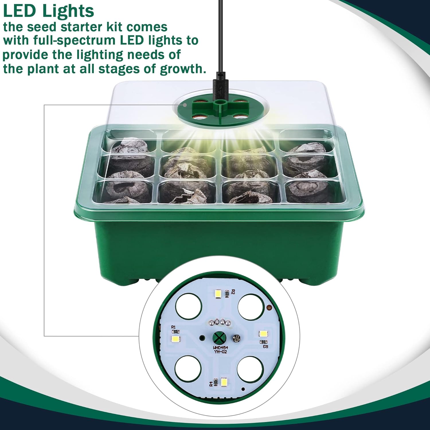 Hahood 6 Pack Seed Starter Tray Kit with Grow Light and Humidity Dome Germination Trays, 72 Peat Pellets, Plant Labels, Gardening Tools, Green, Modern Style, 7.3 x 5.7 x 4.5 inches
