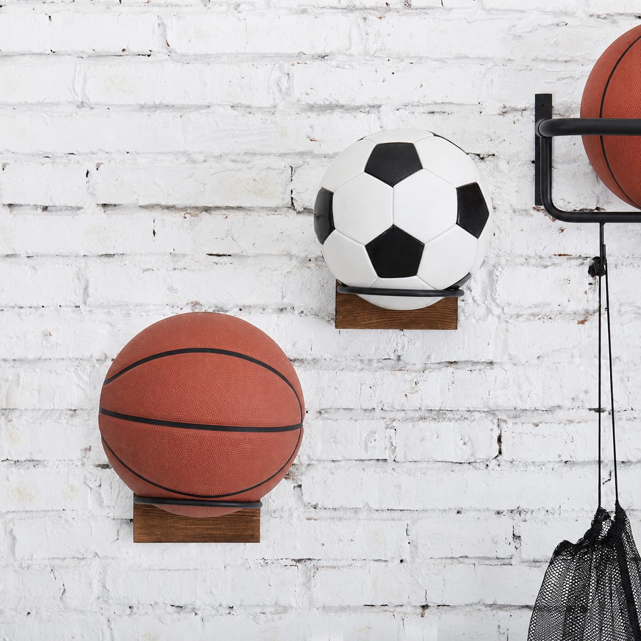 INDIAN DECOR 1788 Wood & Metal Wall-Mounted Sports Ball Holder Storage, Set of 2 1