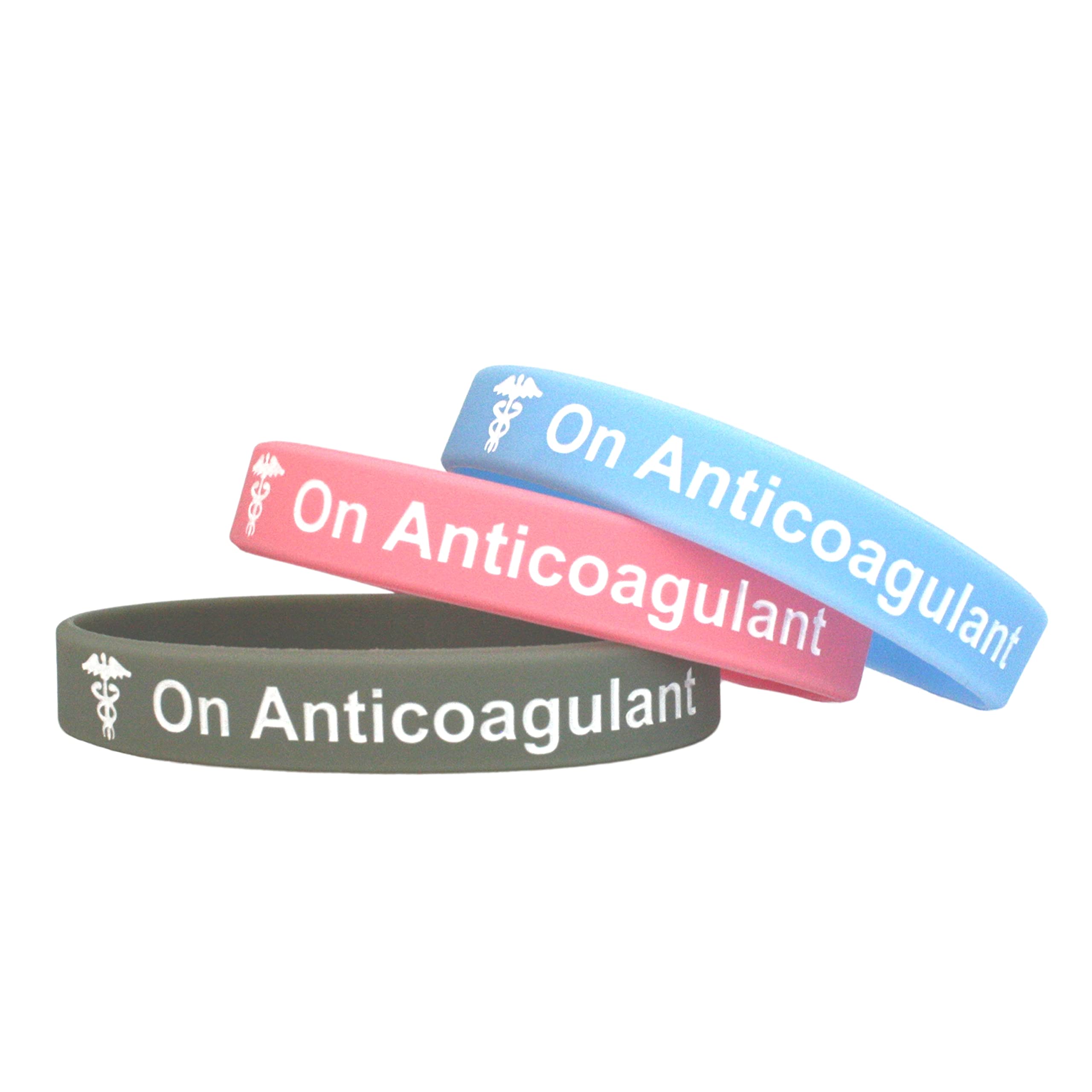 On Anticoagulant - Juego de 3 Pulseras de silicona gris, rosado y azul claro para alerta médica emergencia identificación médica para hombres y mujeres
