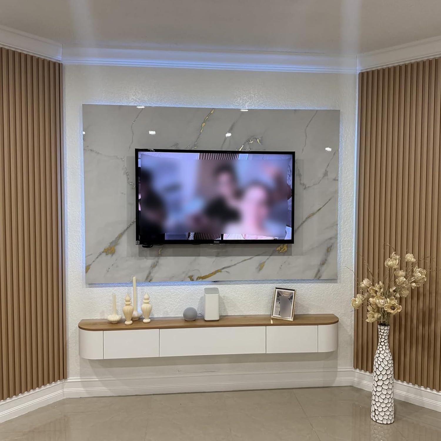 Wooden Floating TV Stand, Wall Mounted TV Console with Rounded Corners, Wall Mounted Entertainment Center with 2 Drawers, Hanging Media Console for Living Room Bedroom (White+Wood, 71in/180cm)