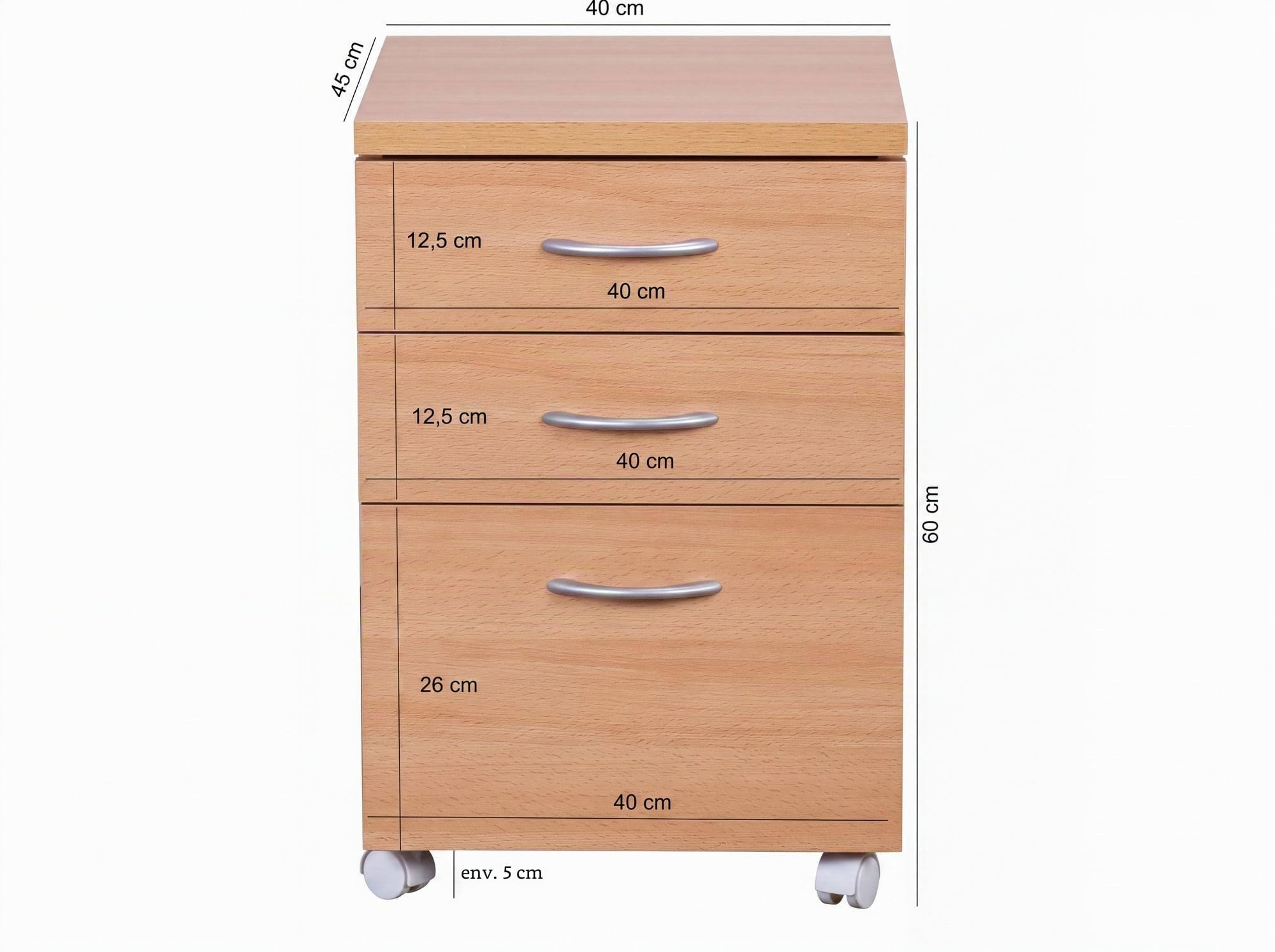 FineBuy Caisson à roulettes Ottawa 40x45x60 cm Hêtre avec 3 Tiroirs | chariot blocables roulettes pour le bureau, se glisse sous le bureau