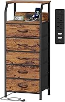Furnulem 5 Drawer Dresser with Charging Station - Tall Nightstand, Fabric Chest of Drawers, Bedside Table for Bedroom, 3-Way Use, Rustic Brown