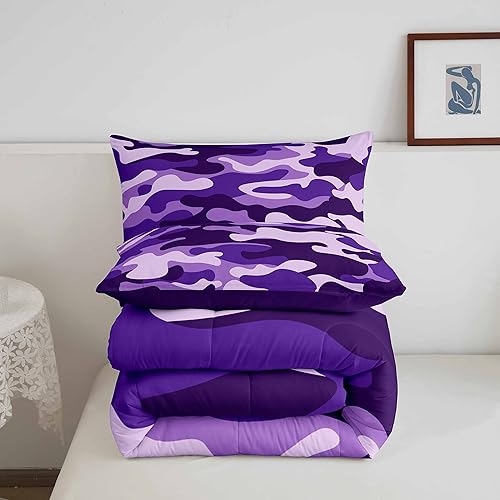 Miniatura 5 de Erosebridal Juego de edredón de camuflaje para niños, adolescentes, juego de ropa de cama de camuflaje morado, juego de edredón de camuflaje militar