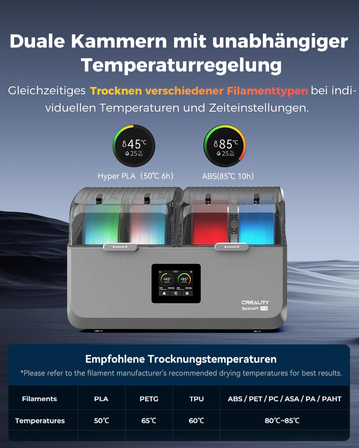Creality Space Pi X4 suszarka filamentowa, 4 rolki filamentu trockner z dwukomorowym podgrzewanym przechowywaniem, niezależna kontrola temperatury do PLA, PETG, ABS, TPU, nylonu, ASA 1,75 mm/2,85 mm