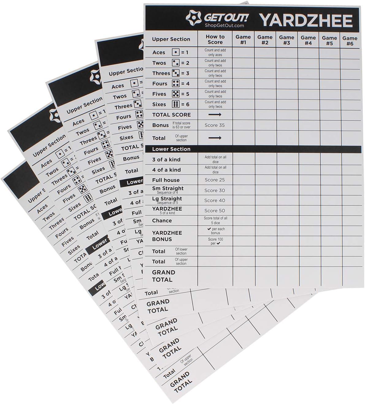 Get Out! Giant Yard Dice Laminated Score Keeper Cards Large 5pk – Jumbo Outdoor Lawn Game Dice Point Pads Game Sheets