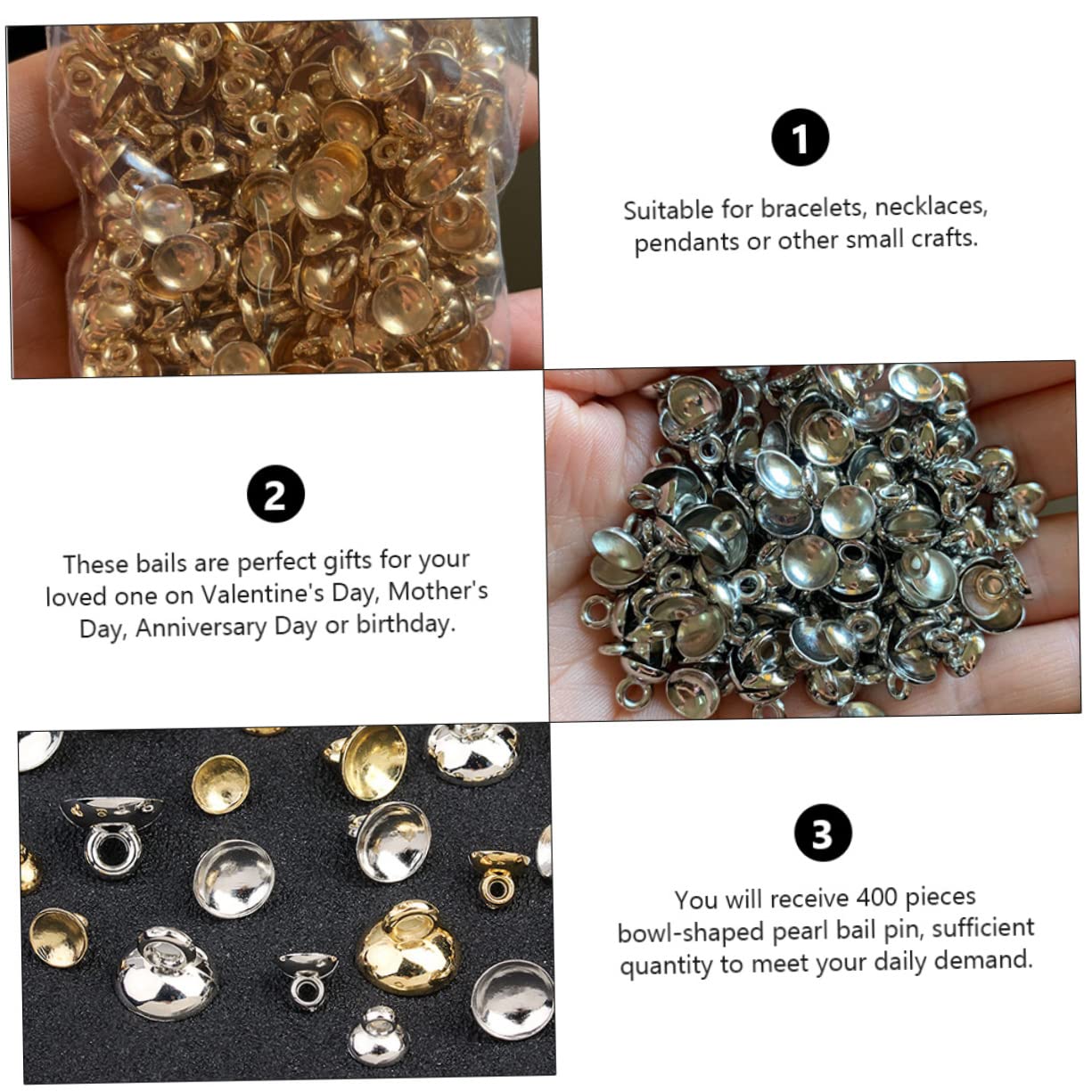 LALAFINA Pearl Bail Pin for DIY Jewelry 400pcs Half-drilled Beads Tray Gold Plated Bead