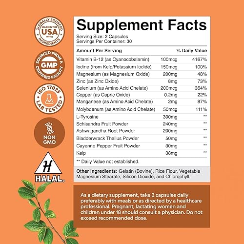 Miniatura 4 de Paquete de complejo de hierbas suprarrenales y tiroides de apoyo y cápsulas orgánicas de musgo marino irlandés  con L tirosina vejiga selenio  para