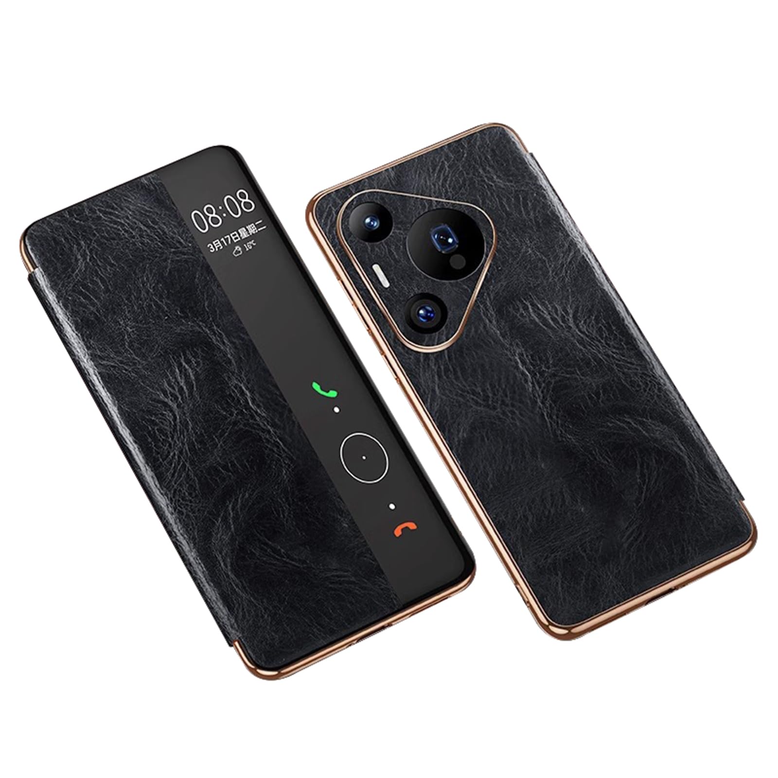Schwarz,70, Handyhülle Für Huawei Pura 70 Ultra/70 Pro +/70 Pro/70, View-Fenster Intelligenter Schlaf Hülle Echtes Leder Retro Flip Rundumschutz Schutzhülle