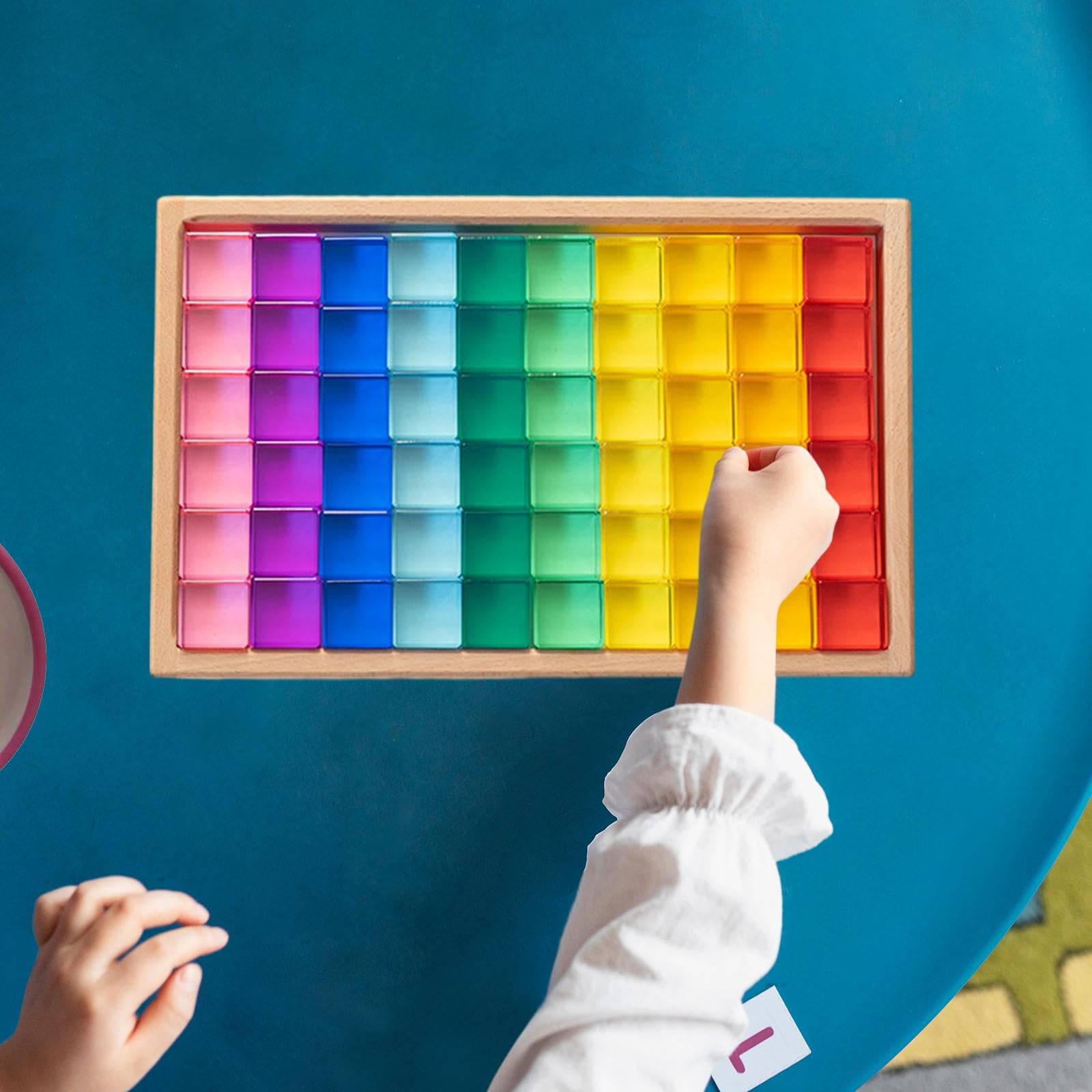 100 Pezzi Blocchi da Costruzione Set Cubi Stacking Gioco Educativo Giochi Acrilico Gemme Trasparenti con Scatola in Legno Adatto Bambini, 60 Pezzi
