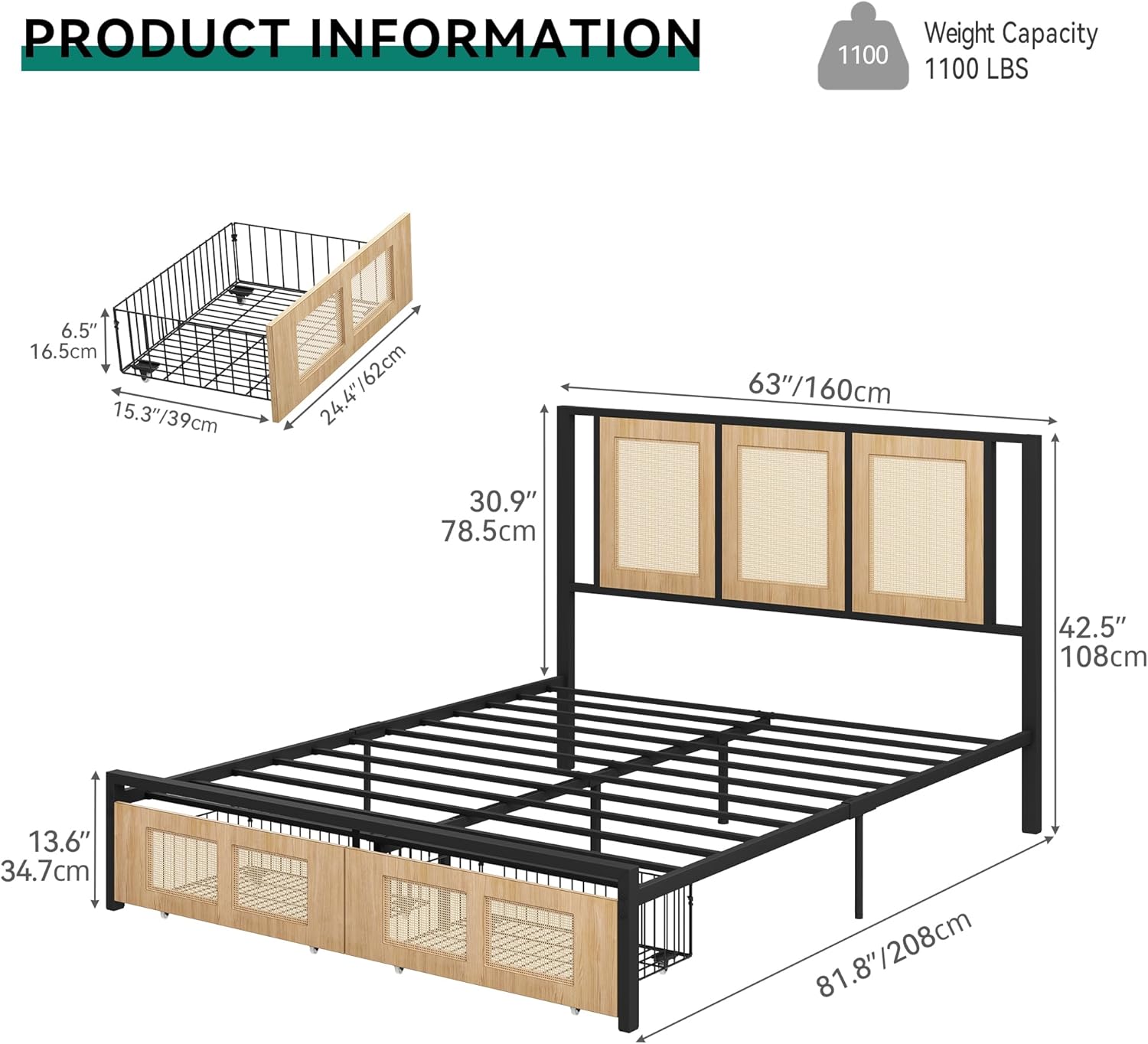 YITAHOME Natural Rattan King Bed Frame with Wooden Headboard and 2 Storage Drawers Underneath, Boho Cane Bed Platform Bed with Metal Slat, Noise Free, No Box Spring Needed