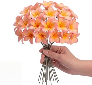 16 Pcs Plumeria Tropical Flowers Artificial with Stem, Orange Pink, 20cm