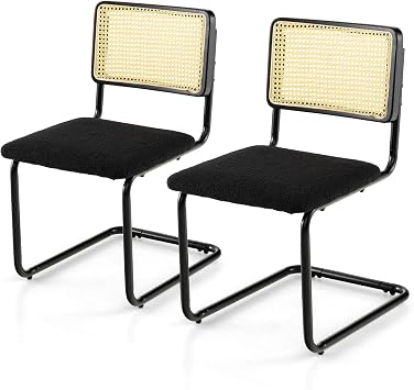 GiantexUK Dining Chair Set of 2, Metal Frame Kitchen Chairs with Mesh Rattan Backrest & Foot Pads, Upholstered Side Chairs for Dining Room Living Room Bedroom Lounge Office