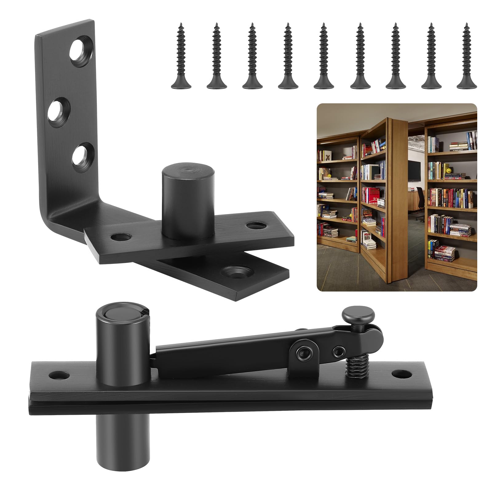 Pivot Hinge, Stainless Steel Hidden Door Pivot Hinge System, 180 Degree Rotation Wooden Invisible Door Hinges, Heavy Duty Secret Door Hinges for Hidden Door (Black)