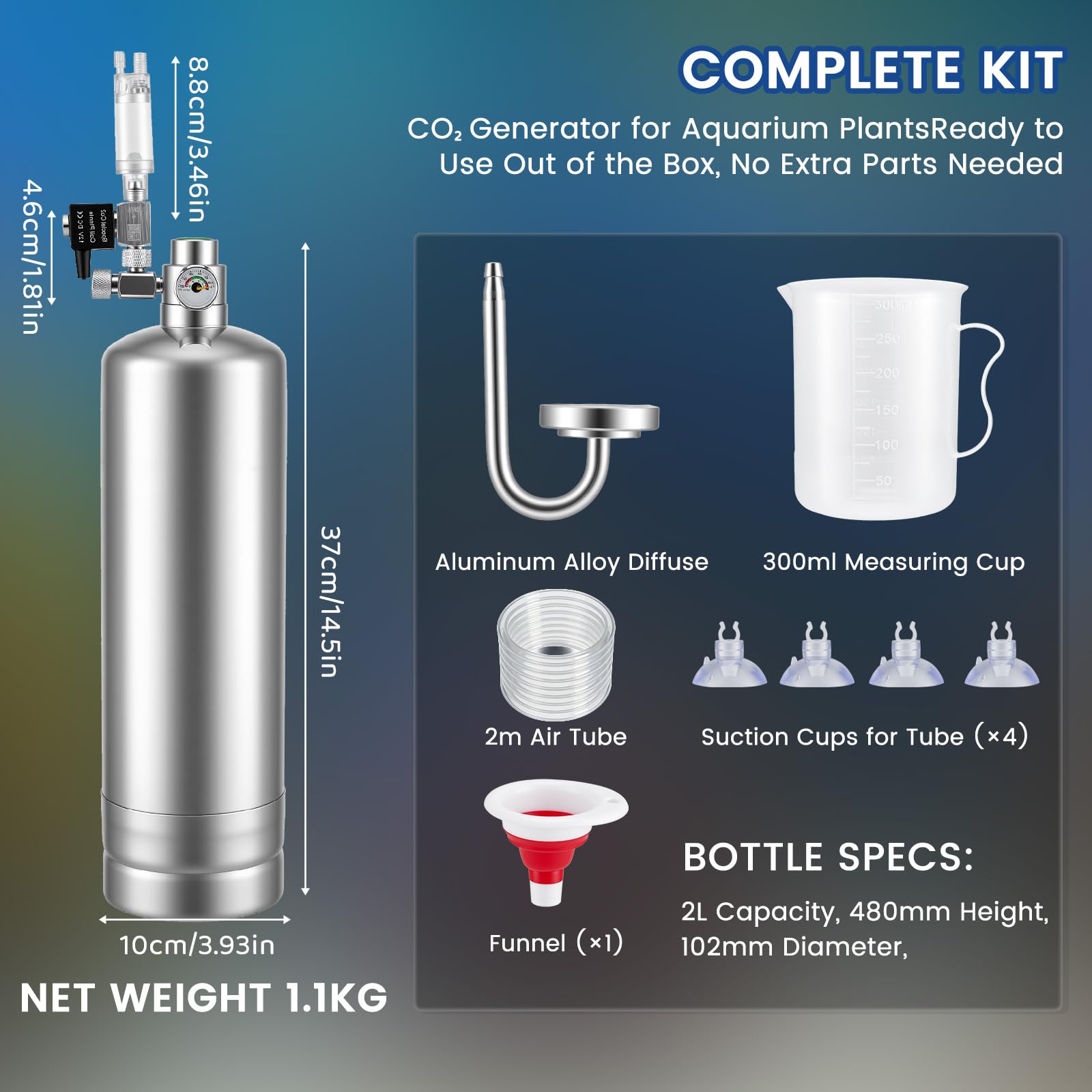 Juego completo de 2 litros de CO2, generador de CO2 de acero inoxidable con botella de CO2, kit de reactor de dióxido de carbono con válvula solenoide, difusor de burbujas para plantas de