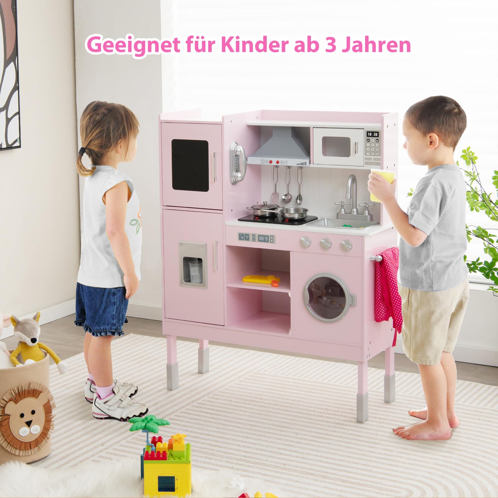 COSTWAY Kinderküche Holz, Spielküche mit Licht und Sound, Holzküche mit Tafel, Mikrowell, Spüle, Ofen & Stauraum, inkl. Zubehör, Spielzeugküche für Kinder ab 3 Jahren (Rosa)